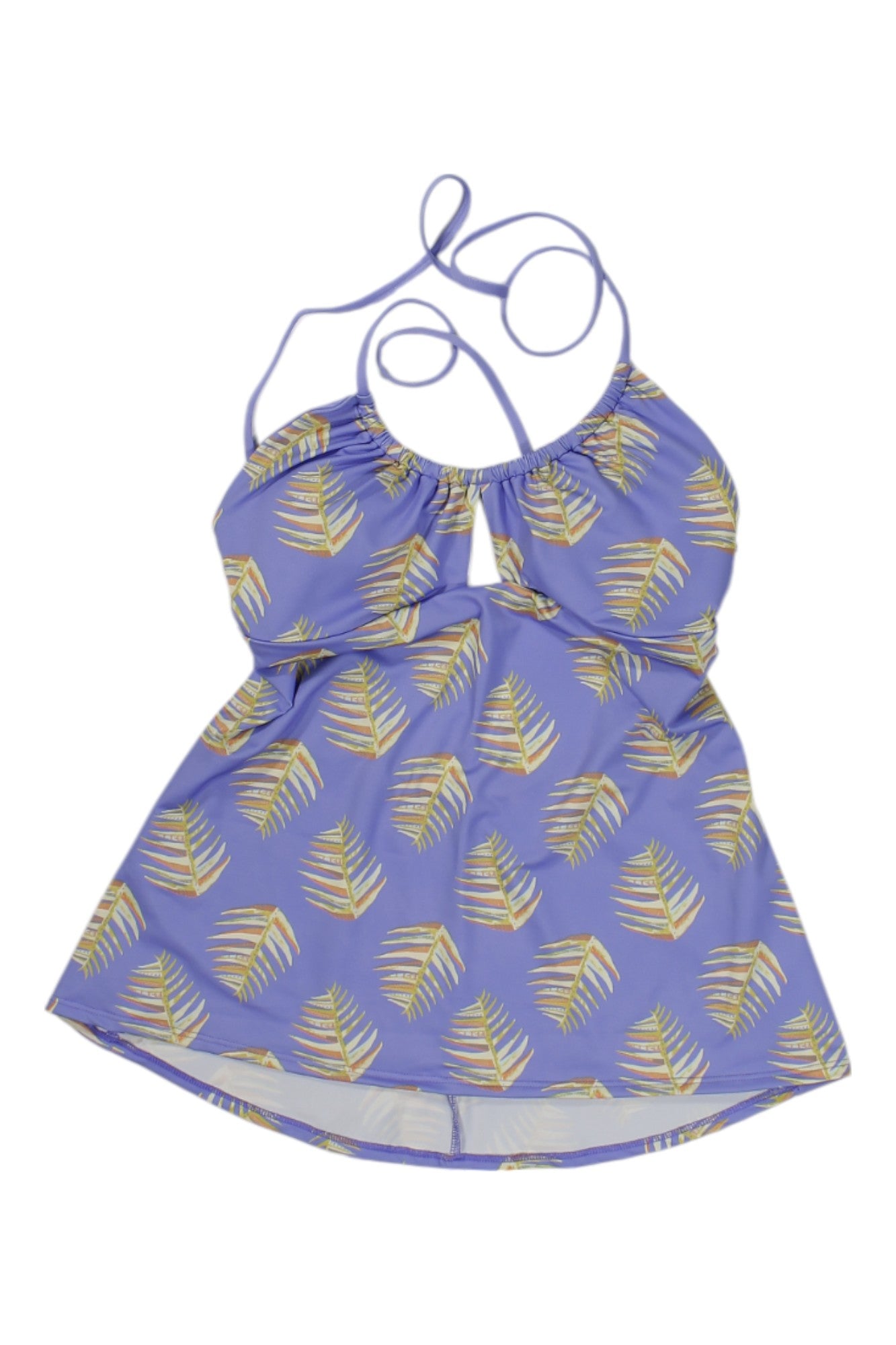 The Patagonia Womens Glassy Dawn Tankini Swimsuit Top features a light purple color, yellow and white leaf pattern, thin spaghetti straps, a loose fit, and slightly flared hem for stylish comfort.