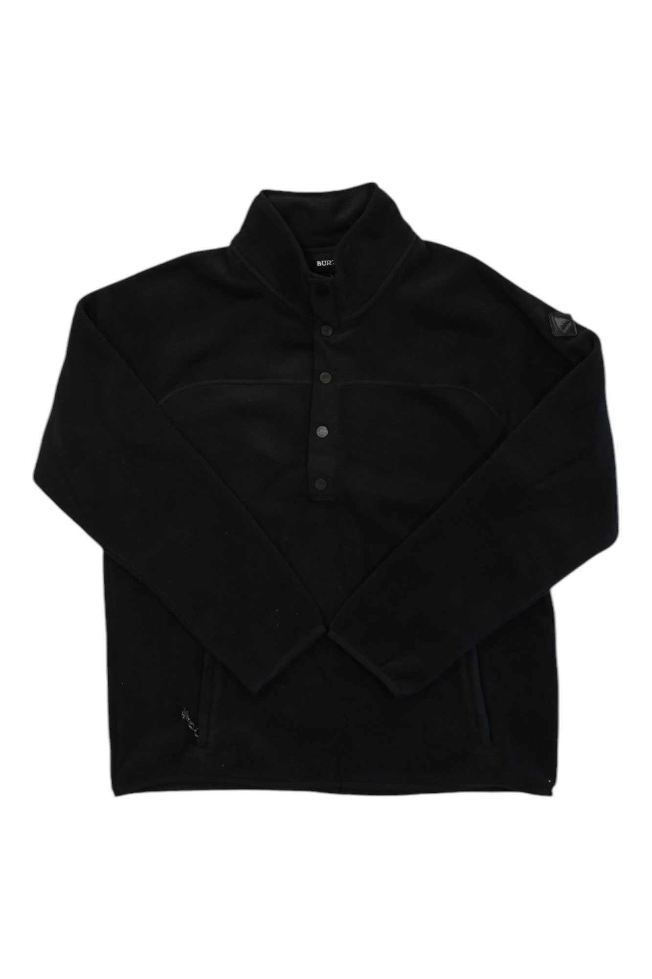 A black Burton Womens Hearth Pullover made from recycled polyester microfleece, with a stand-up collar, long sleeves, and a partial snap-button placket, is laid flat on a white background.