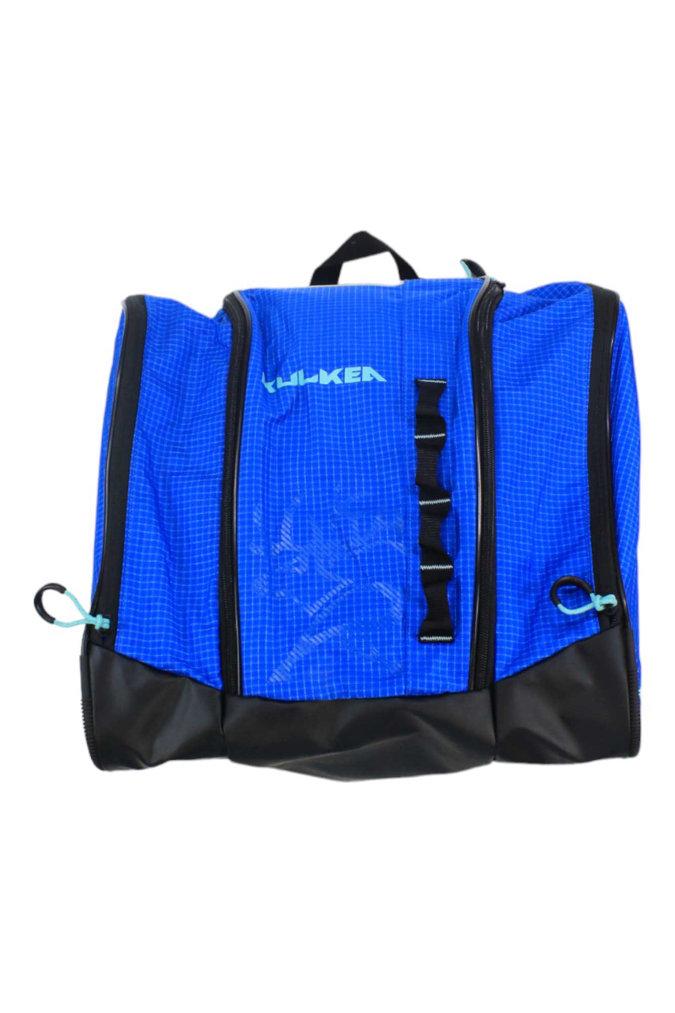 A blue Kulkea Kids Speed Star Ski Boot Bag with black accents, zipper closures, top handle, and front loops for children’s alpine ski gear is shown against a white background.