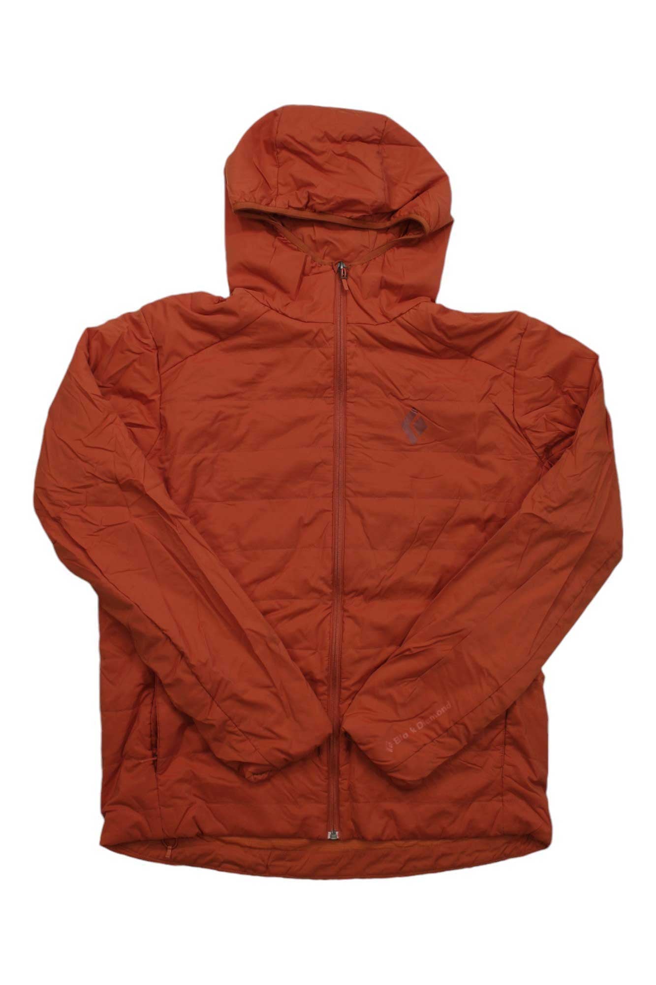 The Black Diamond Men's First Light Hybrid Hoody, shown flat on a white background, features a rust color, front zipper, long sleeves, under-the-helmet hood, and a subtle chest logo.