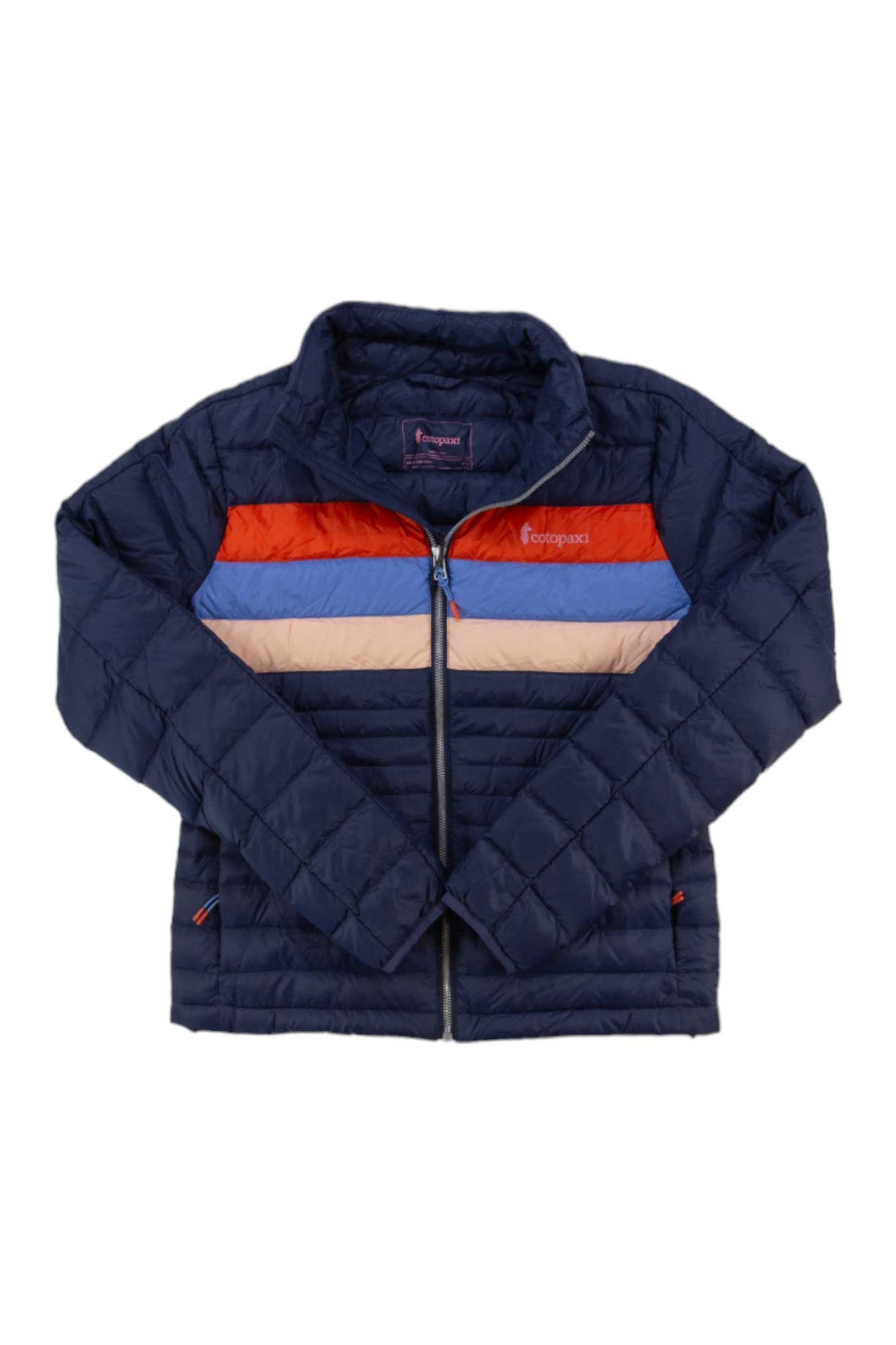 The Fuego Down Jacket is a navy blue, packable insulated hiking jacket with a front zipper, long sleeves, two side pockets, and horizontal blue, orange, and beige chest stripes for style and convenience.