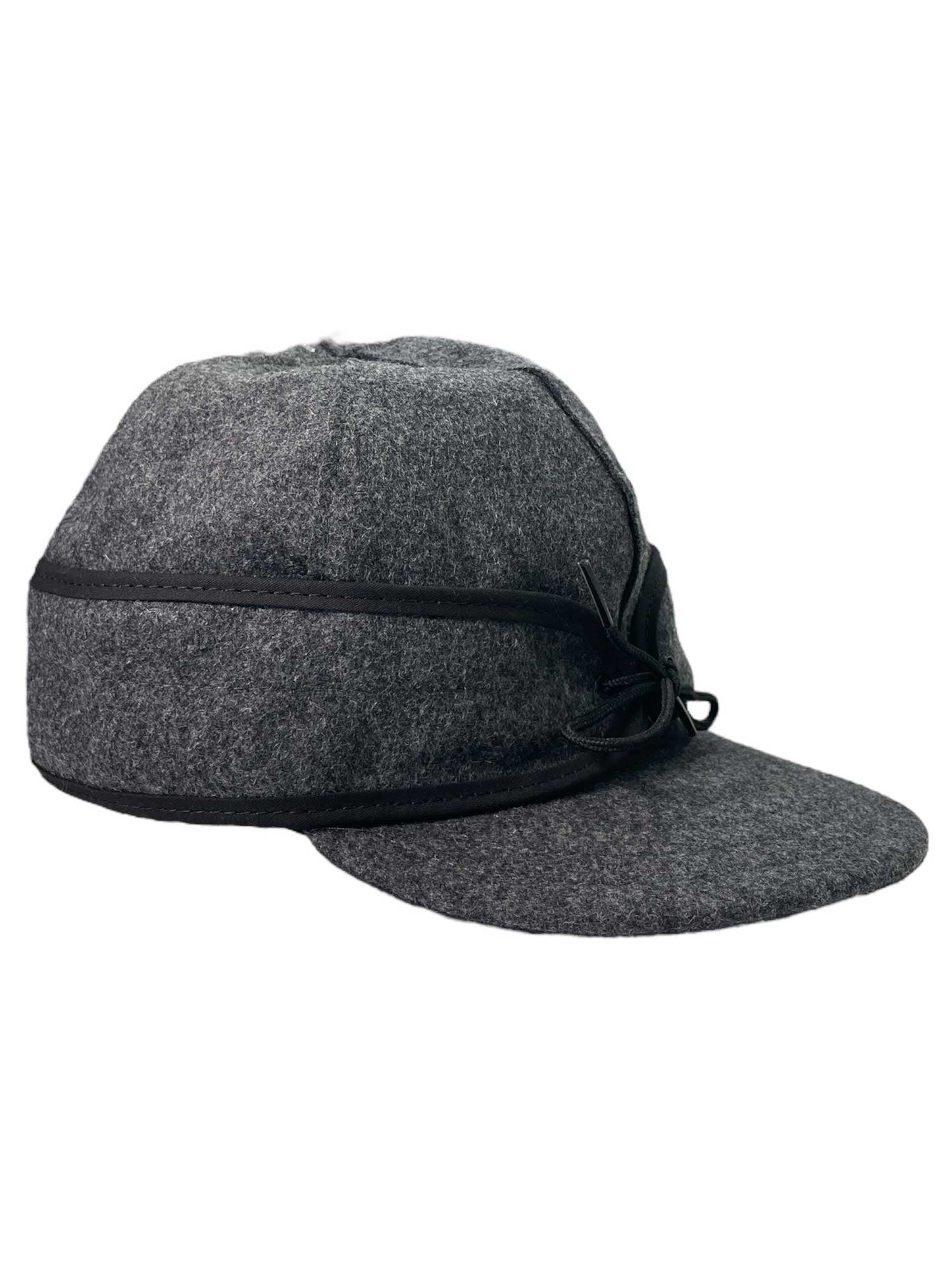 Inspired by the Stormy Kromer Original Cap, this gray wool baseball-style hat features a black trim, front decorative bow, rounded crown, and a stiff curved brim.
