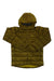 The Rab Mens Axion Pro Jacket in olive green features a hood, front zipper, horizontal quilted sections, down insulation for warmth, water-resistant protection, and a small Rab logo on the left chest—ideal for mountaineering.