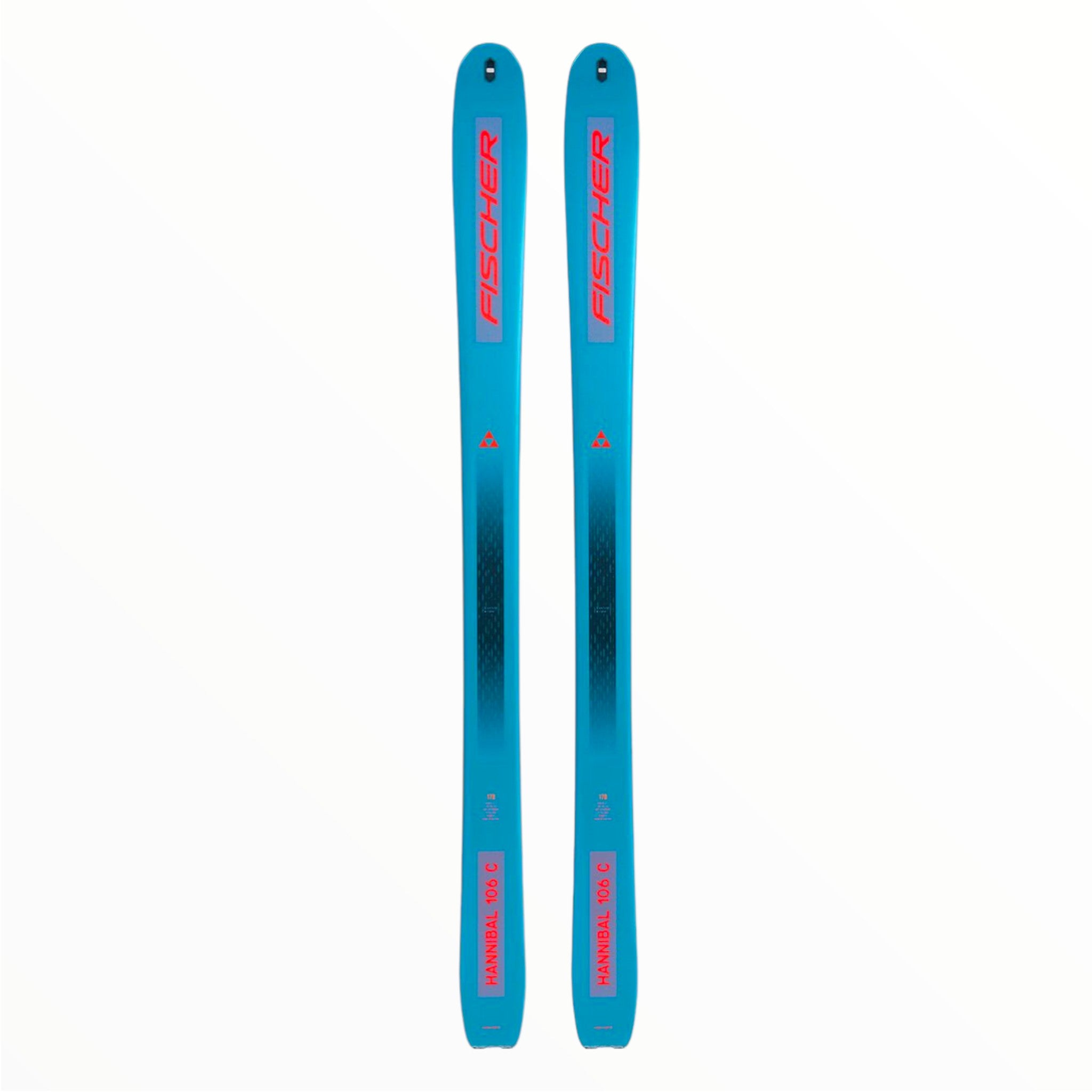 A pair of vibrant blue Fischer Hannibal 106 Carbon Skis (2023) with red and black accents stands vertically against a plain white background. Lightweight and high-performing, these skis are ideal for adventurous backcountry tours.
