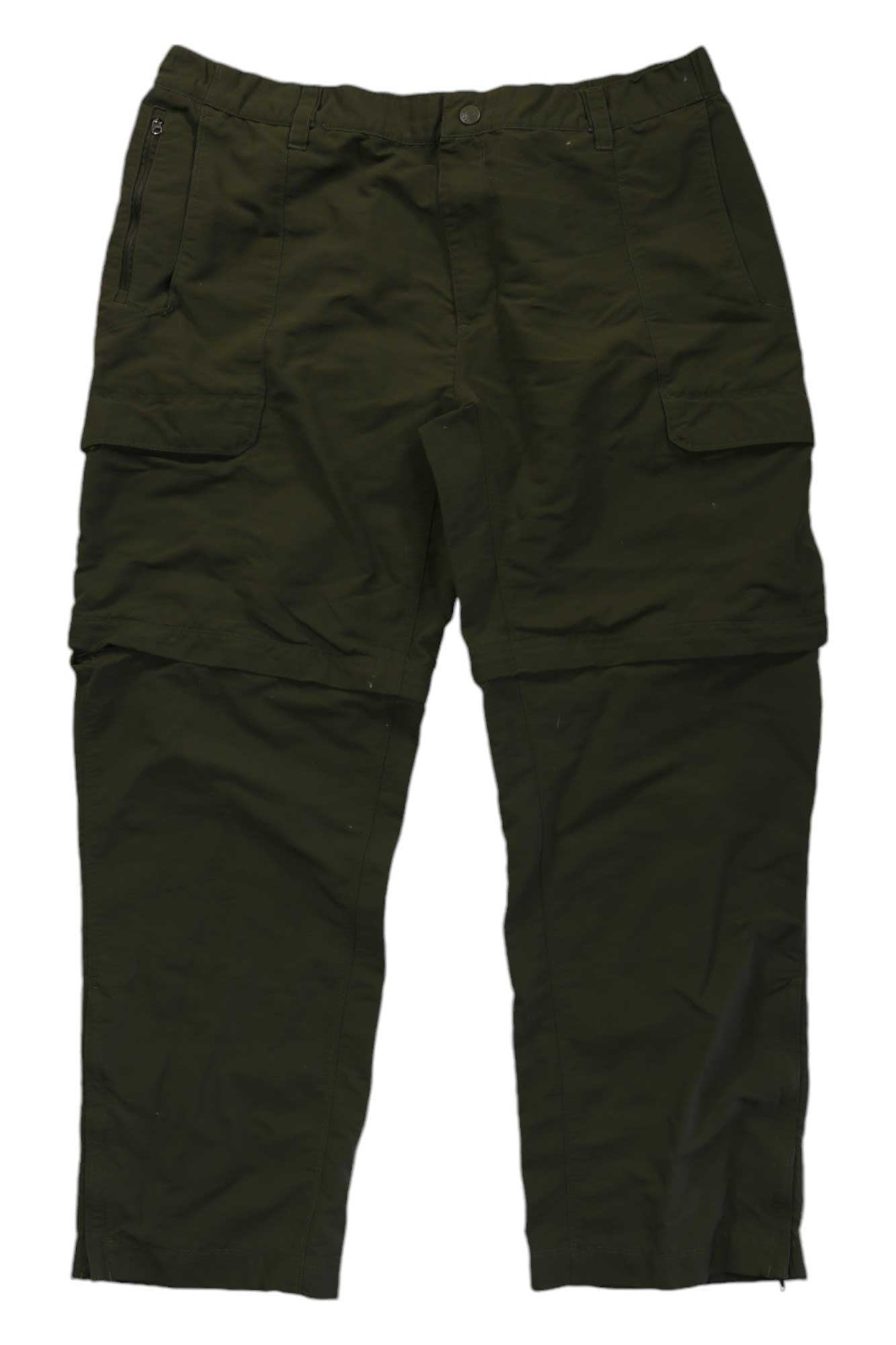 The North Face Men's Paramount Pro Convertible Pant in dark green features zip-off legs to convert into shorts, quick-dry fabric, side pockets, a button waist closure, and UPF 50 sun protection—ideal for outdoor adventures.