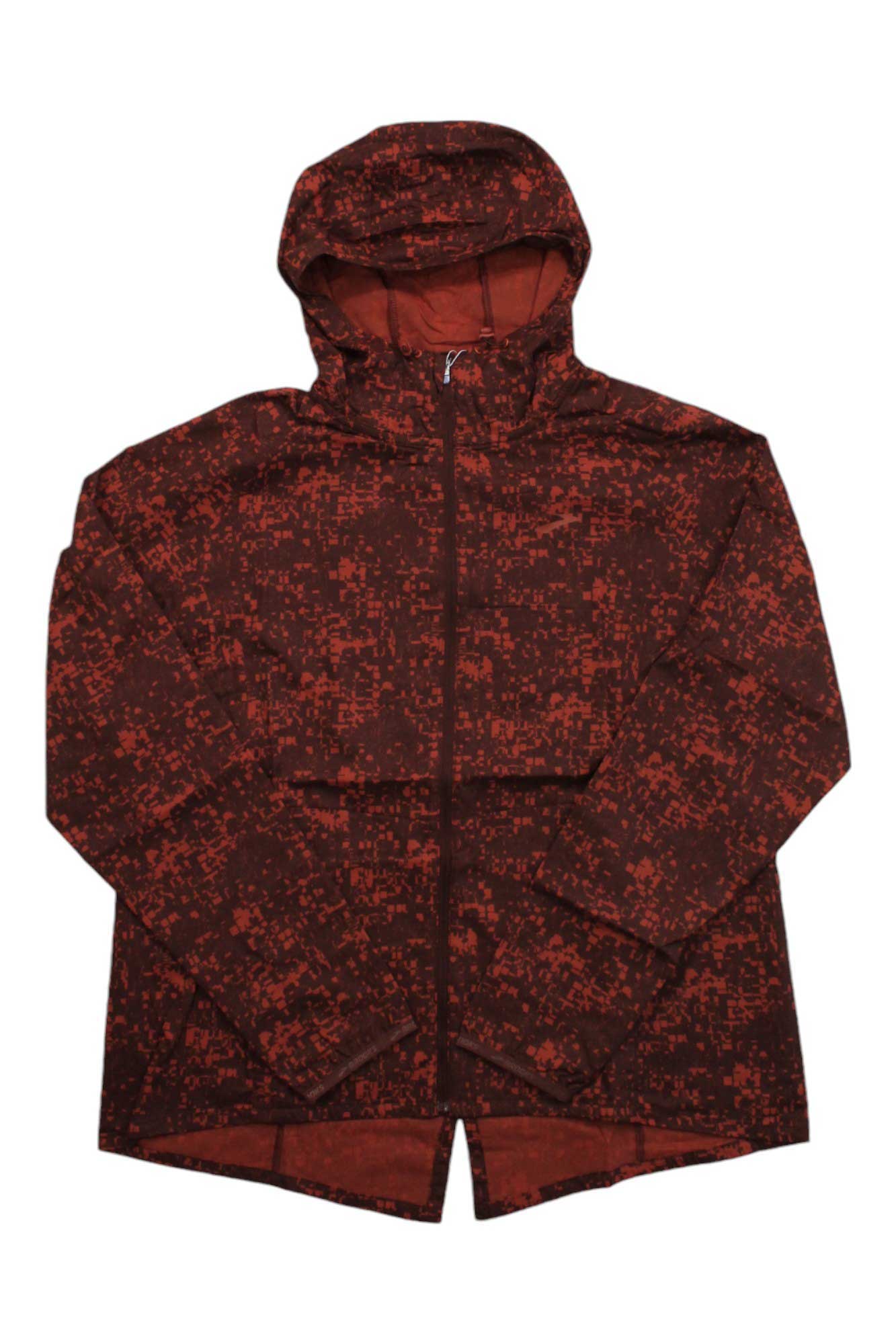 The Brooks Womens Canopy Jacket, shown flat on a white background, features a front zipper and a red and black pixelated design. This windproof, waterproof jacket is perfect for hiking or trail running.