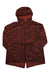 The Brooks Womens Canopy Jacket, shown flat on a white background, features a front zipper and a red and black pixelated design. This windproof, waterproof jacket is perfect for hiking or trail running.