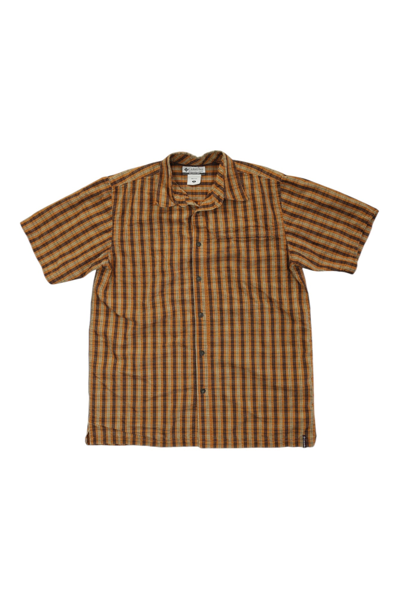 The Columbia Men's Short Sleeve Button Up Shirt features a brown, orange, and yellow plaid pattern, single chest pocket, and collar. This outdoor performance shirt is shown laid flat on a white background.
