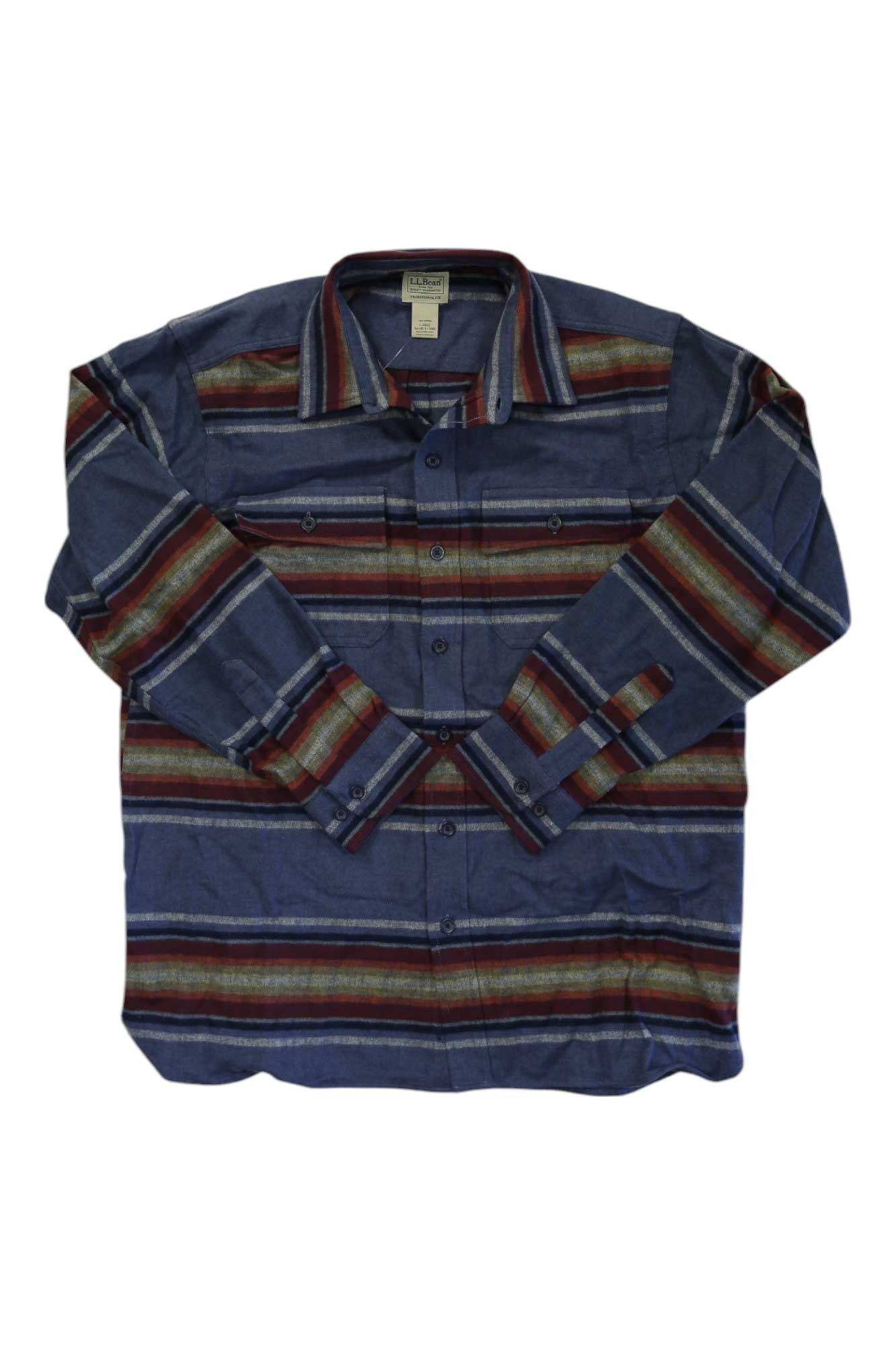 The L.L.Bean Mens Chamois Stripe Shirt showcases horizontal blue, red, and white stripes with a classic collar and buttoned cuffs, displayed flat on a white background for a clean look.