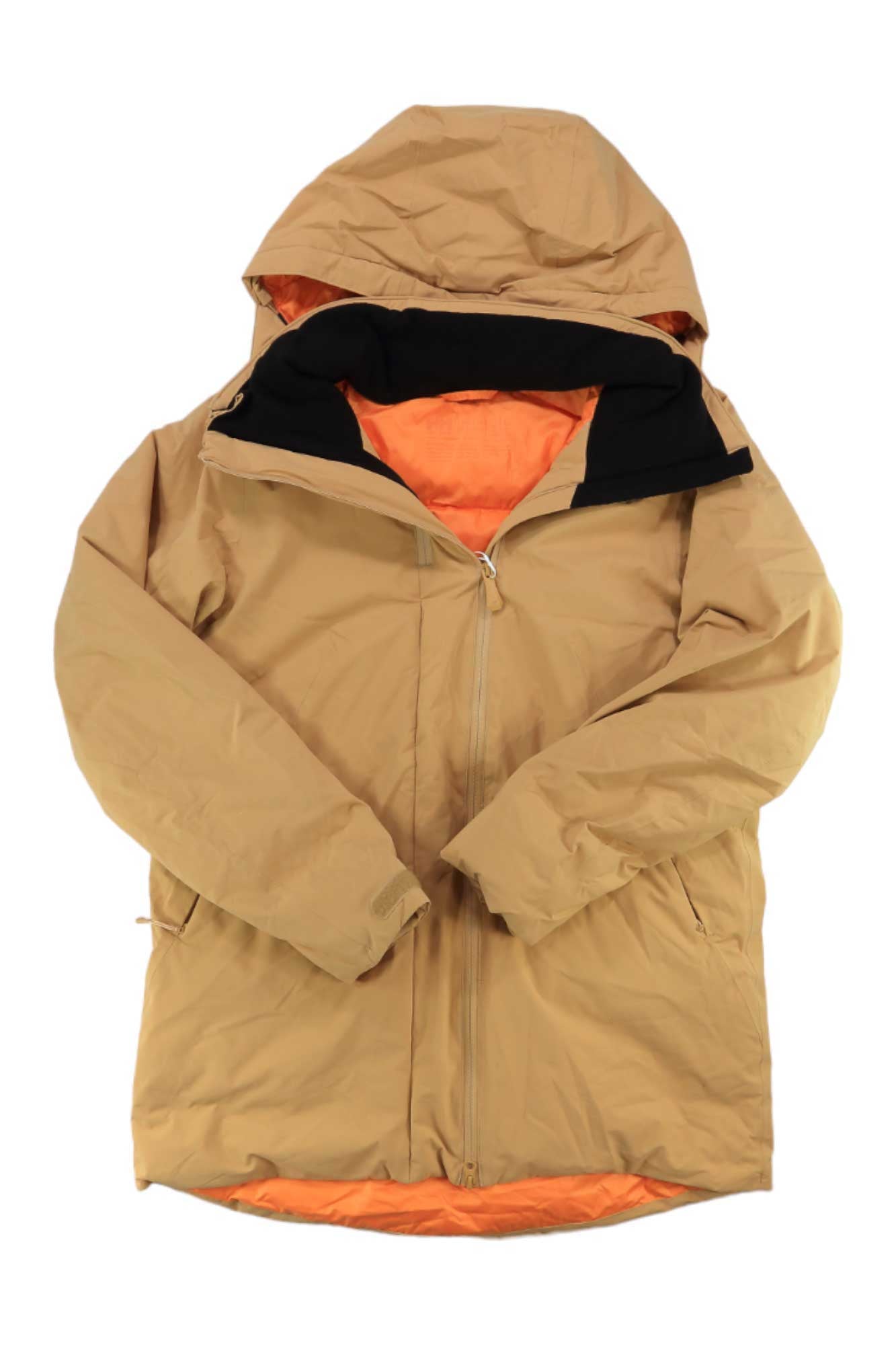 Beige hooded insulated jacket with orange inner hood lining and front zipper.