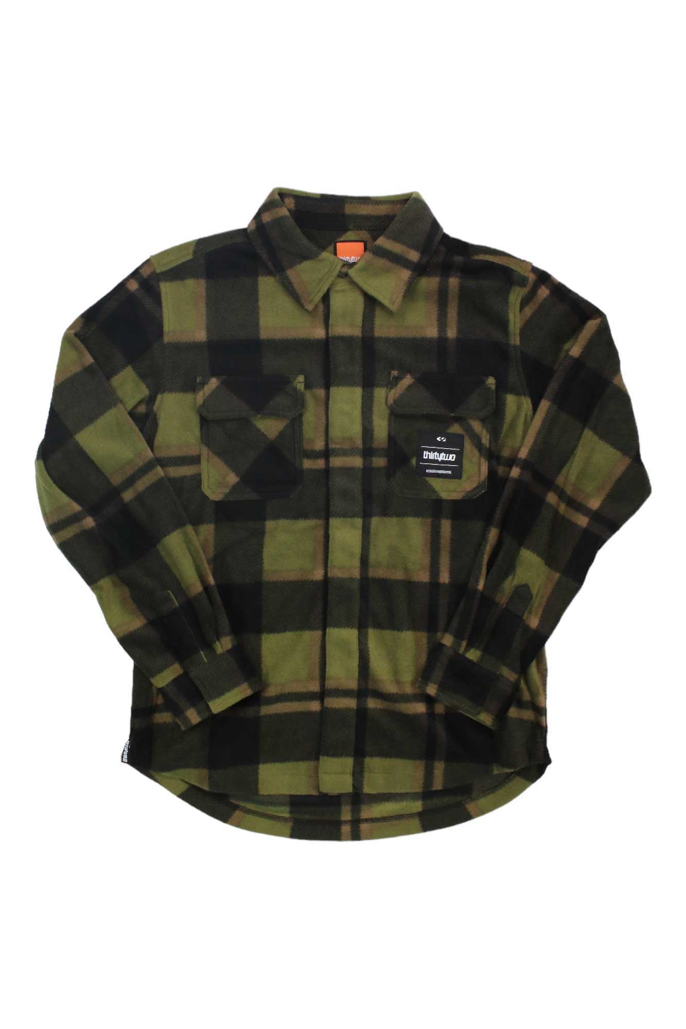 ThirtyTwo men's plaid button-up shirt, olive/green with tan plaid, chest pockets