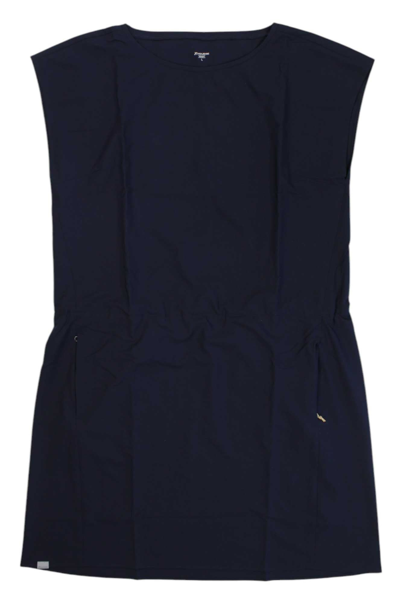 The Houdini Womens Dawn Dress is sleeveless, knee-length, and navy blue with a round neckline and subtle side drawstring waist. Moisture-wicking, it's displayed flat on a white background.
