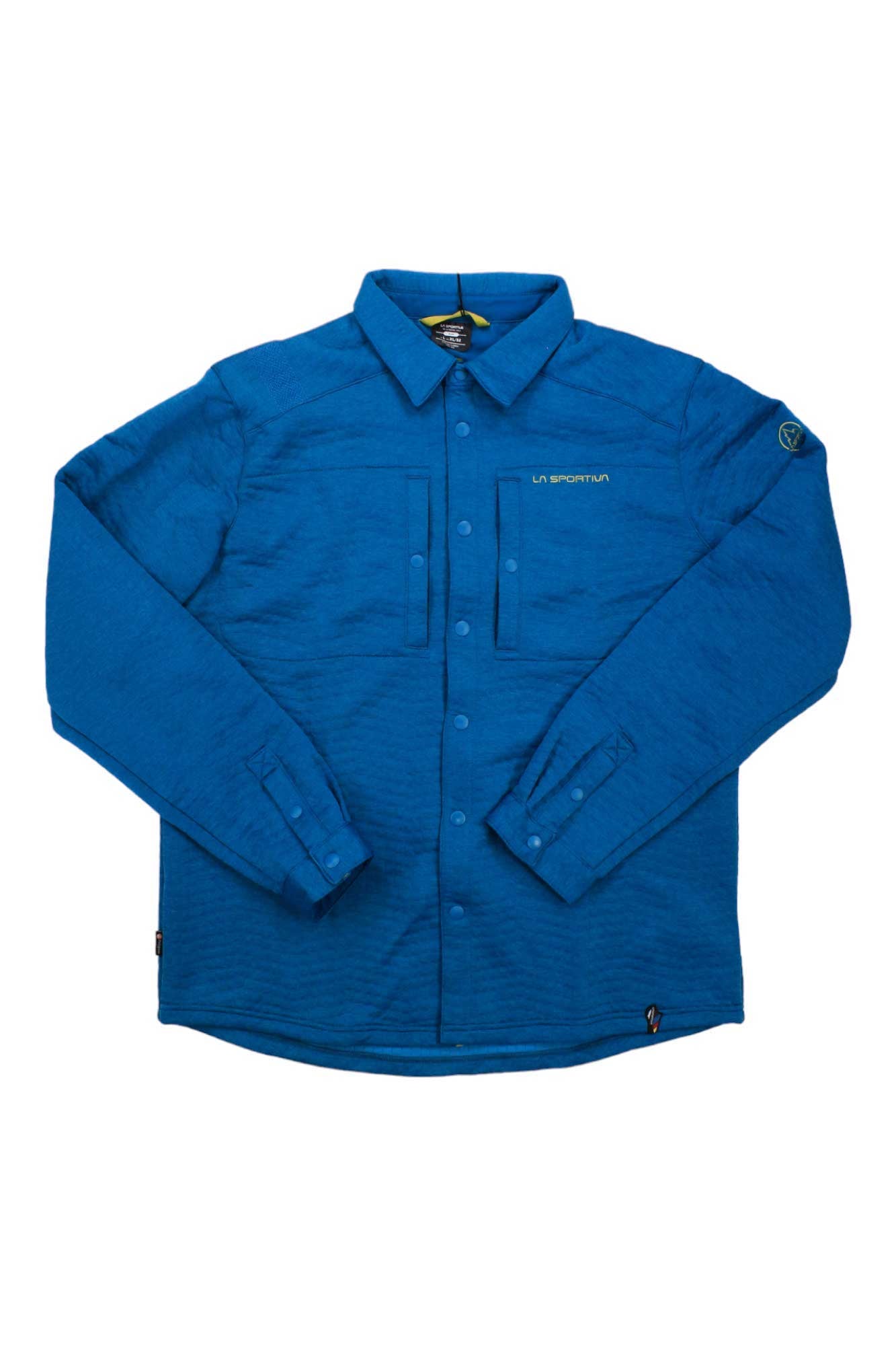 Blue long-sleeve button-up shirt with stand collar, front buttons, and small logo.