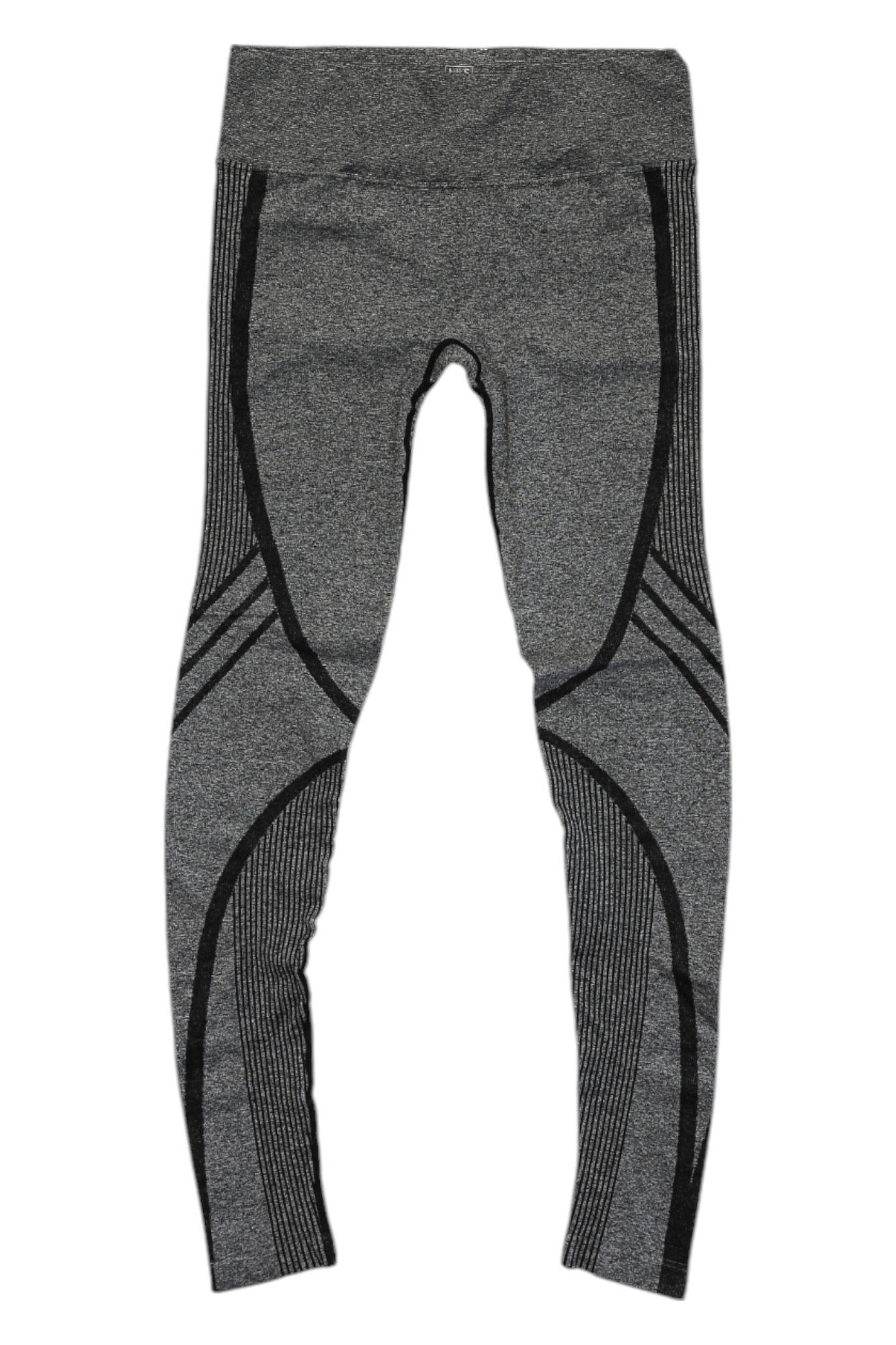 The NILS Womens Cathy Legging in gray, shown laid flat on white, features black curved and vertical accents. These high-waisted, seamless, moisture-wicking leggings offer a fitted design—ideal versatile activewear for any workout.