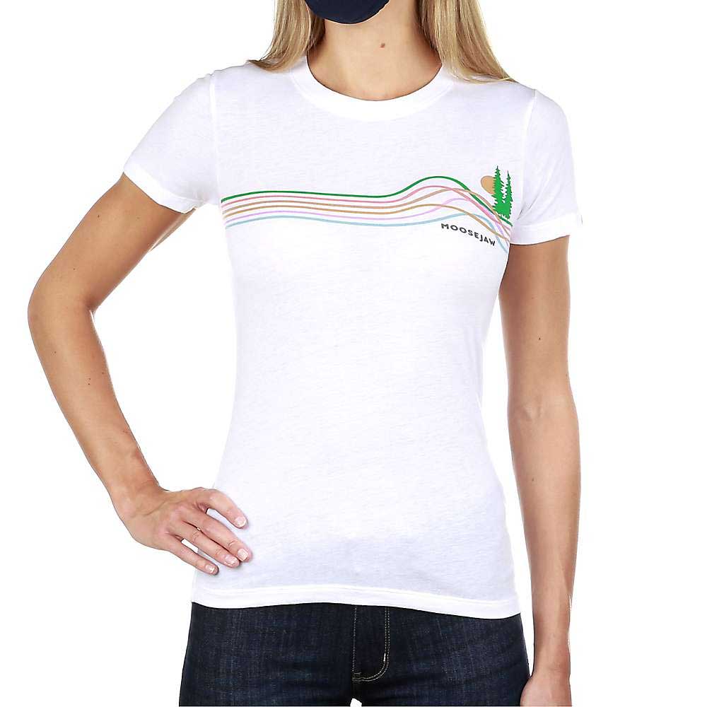 Women's white short-sleeve T-shirt with striped wave graphic and pine tree logo