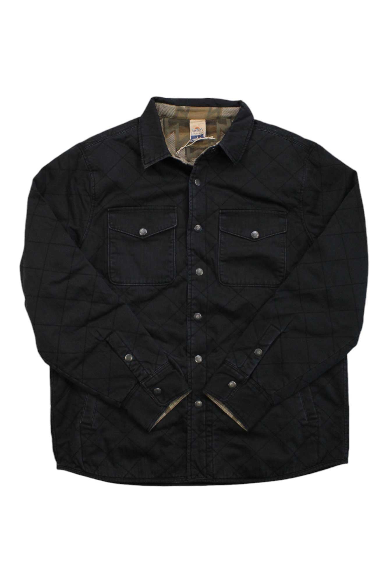 The Faherty Mens DGF Reversible Bondi Jacket is a black quilted, insulated jacket with silver buttons, two chest pockets, long sleeves, and tan-brown lining at the collar—perfect for winter. Laid flat on a white background.