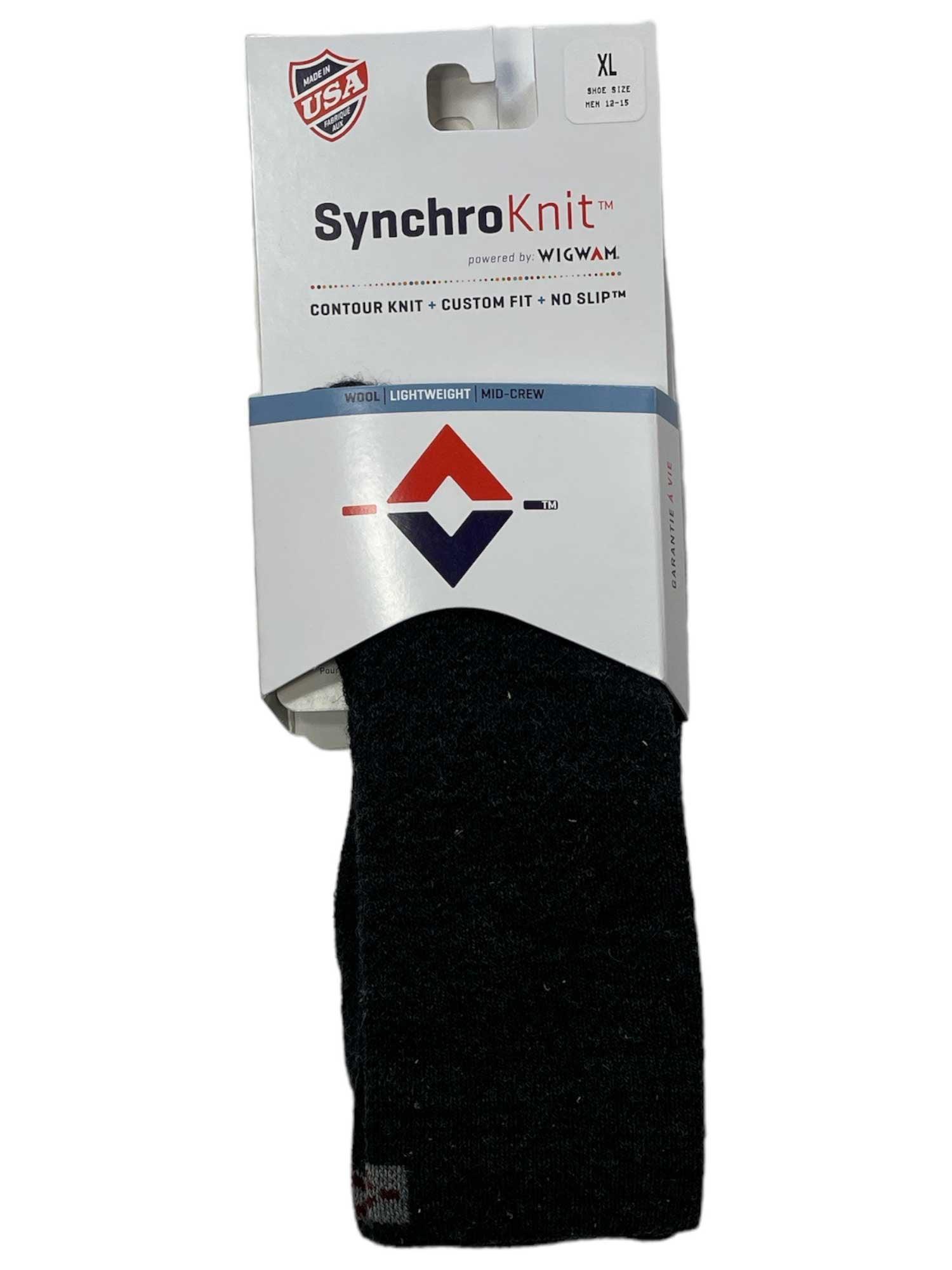 Black mid-crew knit socks with ribbed cuff and reinforced heel and toe