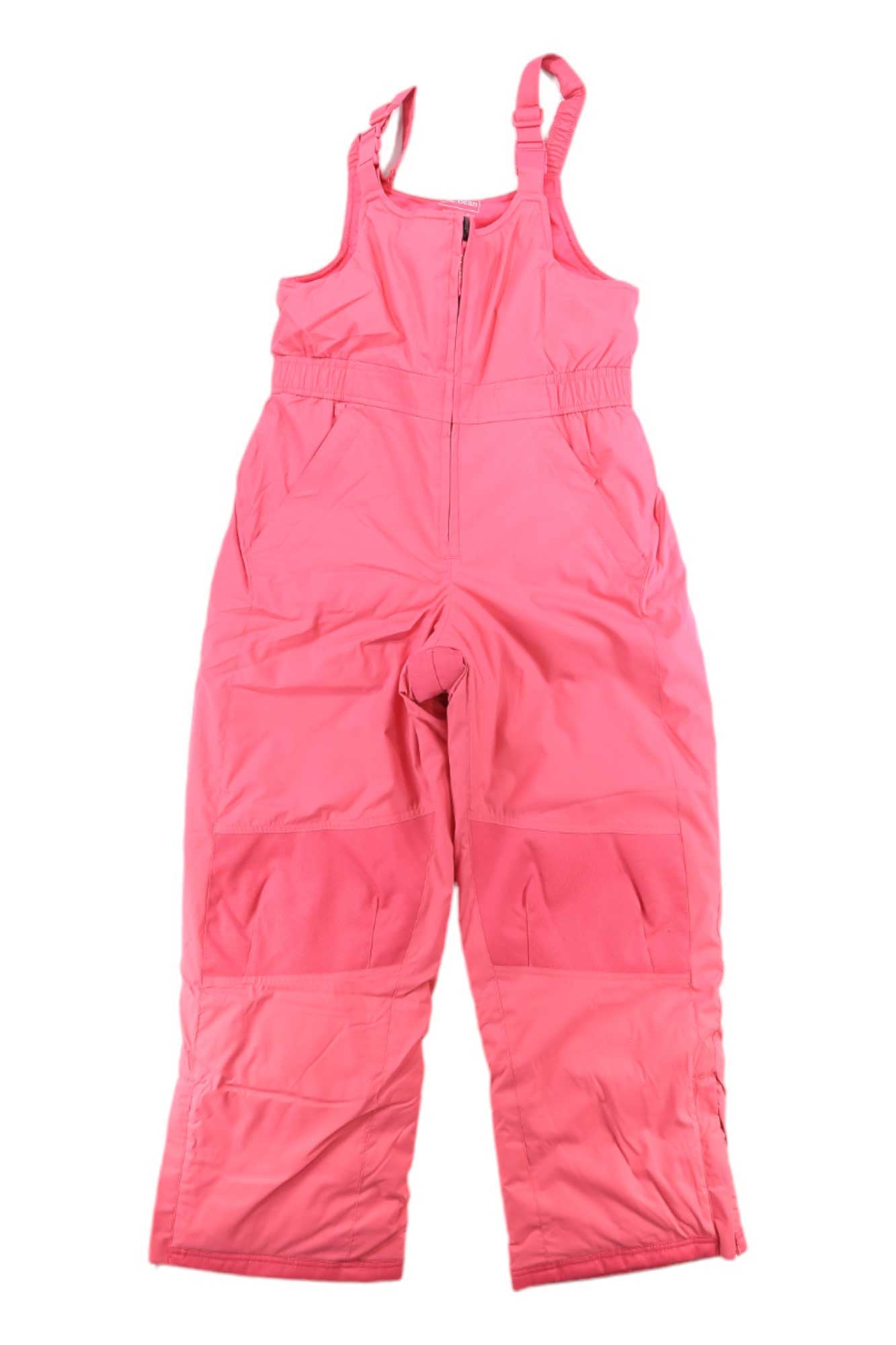The L.L.Bean Kids' Cold Buster Bib features bright pink waterproof fabric, adjustable shoulder straps, front zipper, two side pockets, wide legs, and reinforced knees—perfect for hiking or outdoor winter fun.