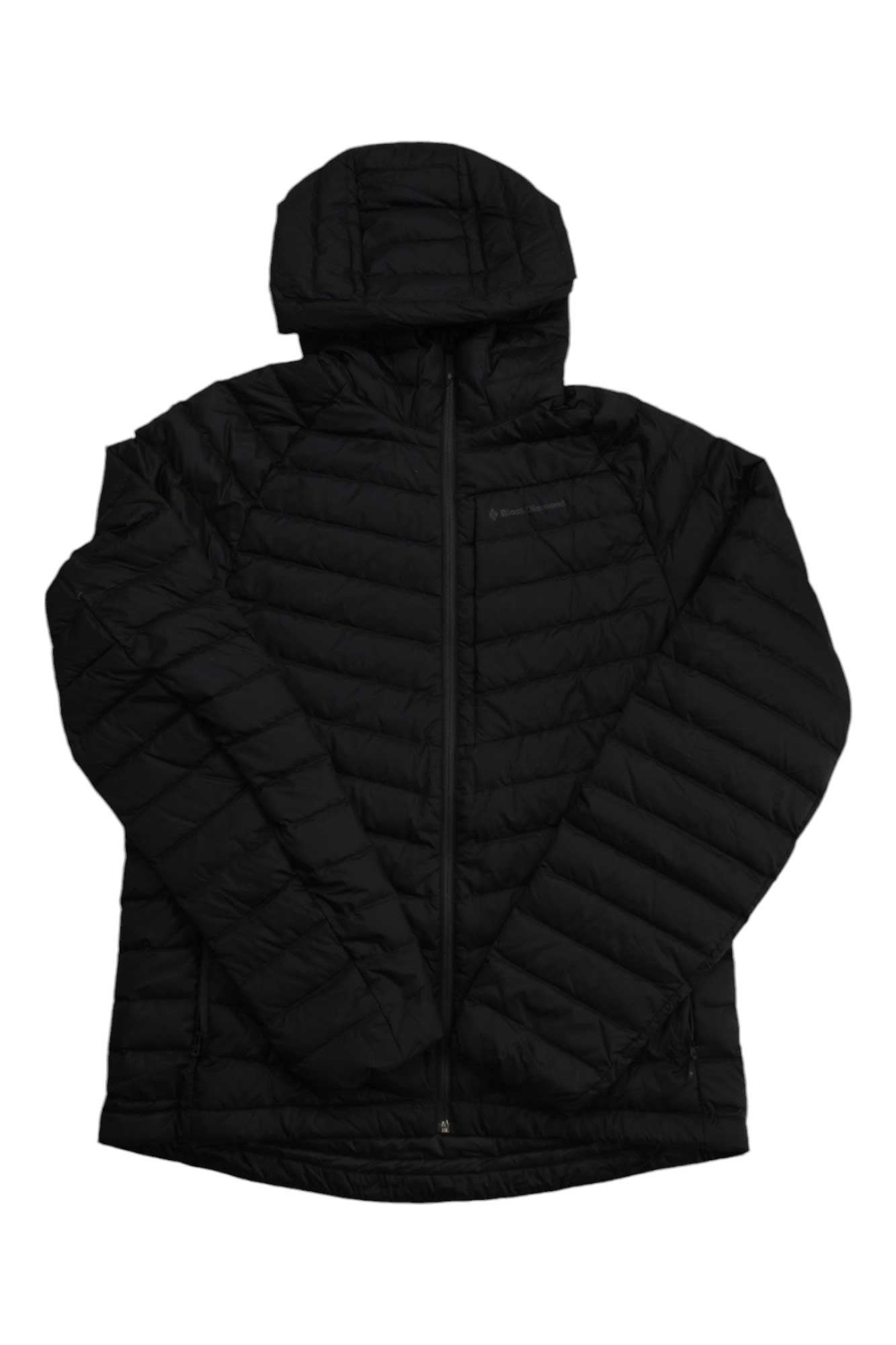 The Black Diamond Mens Access Down Hoody, shown in black with a hood and full front zipper, features quilted horizontal and diagonal stitching for a sleek look. It is laid flat on a white background.