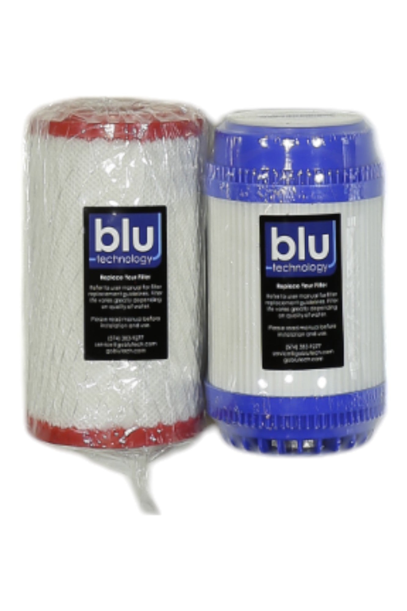 The Blu Technology Filter Recharge Pack includes two plastic-wrapped cylindrical filters—one with red/white ends, the other blue/white—both labeled "blu technology." Perfect for hiking or camping, they ensure clean water anywhere.