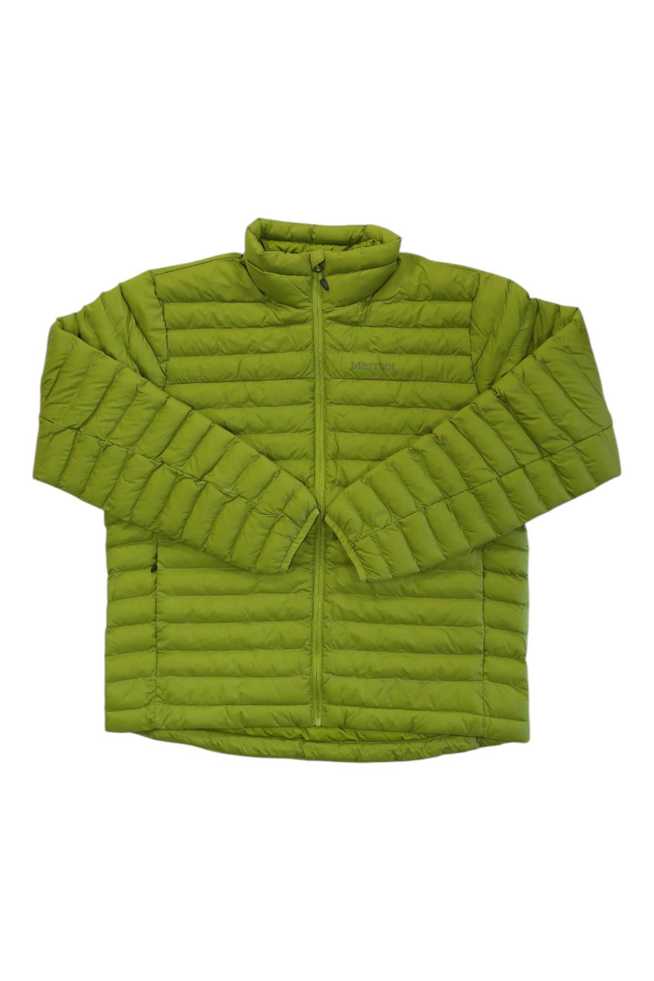 A vibrant green Mens Echo Featherless Jacket with horizontal quilting, synthetic insulation, a zip front, long sleeves, and a stand-up collar is laid flat on a white background.