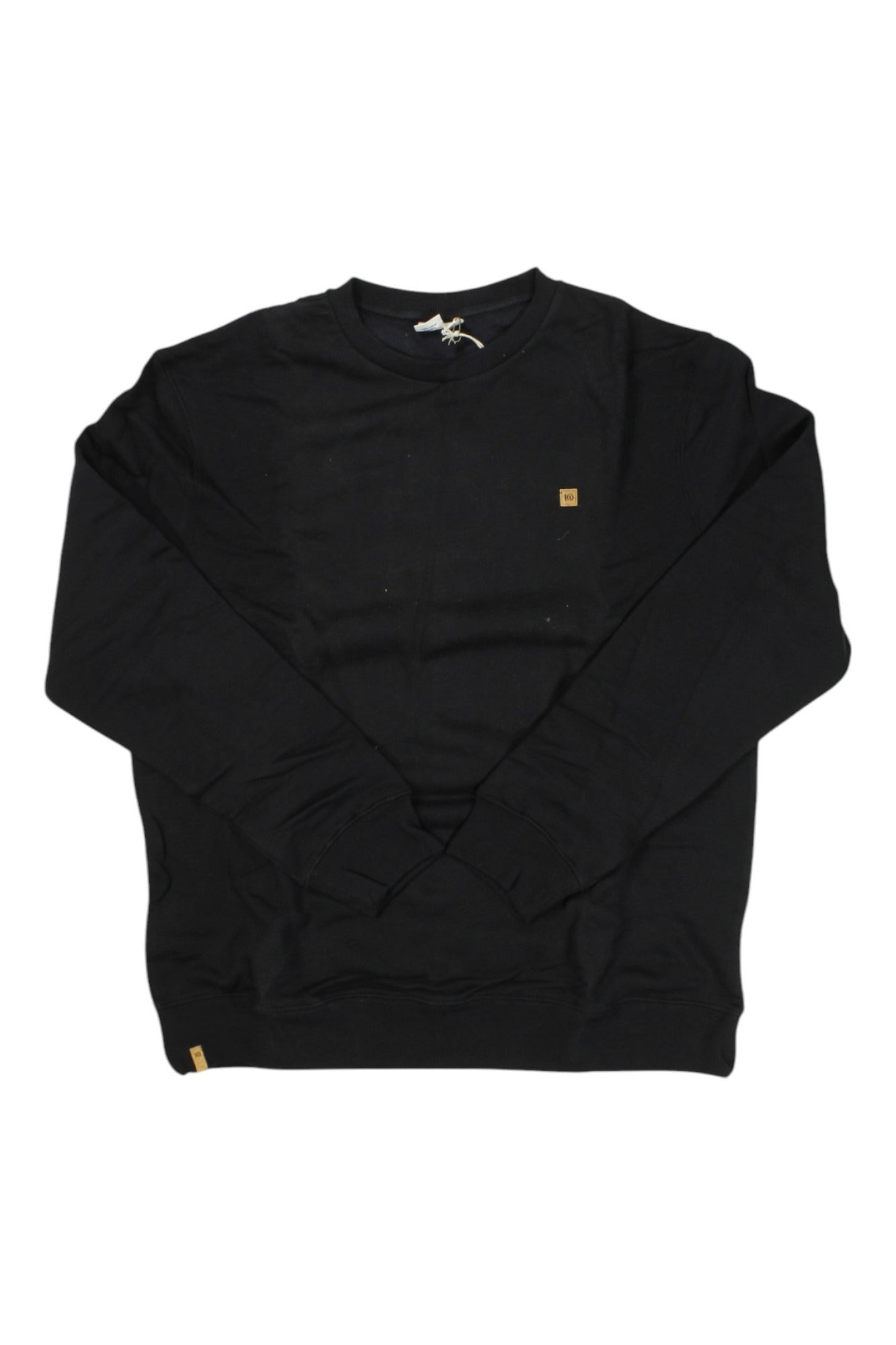 The Tentree Mens Treefleece Classic Crew is a black long-sleeve sweatshirt with small brown logo patches on the chest and hem, offering a sustainable, versatile outdoor layer—shown flat against a white background.