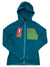 A Cotopaxi Womens Otero Fleece Full-Zip Hooded Jacket in teal, featuring a green chest pocket, blue zipper, and tags on the front, is laid flat on a white background.
