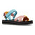 The Columbia Alava Women's Red Sandals, size 10, have a thick black sole, pink and blue fabric straps, yellow accents at the heel and toe, open toes, and adjustable ankle and heel straps for comfort—perfect summer sandals.