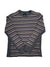 The PR Mens Striped Sweater is a cotton-blend knit with horizontal gray, brown, and purple stripes, plus solid gray cuffs, collar, and side panels—perfect for casual wear. Displayed laid flat on a white background.