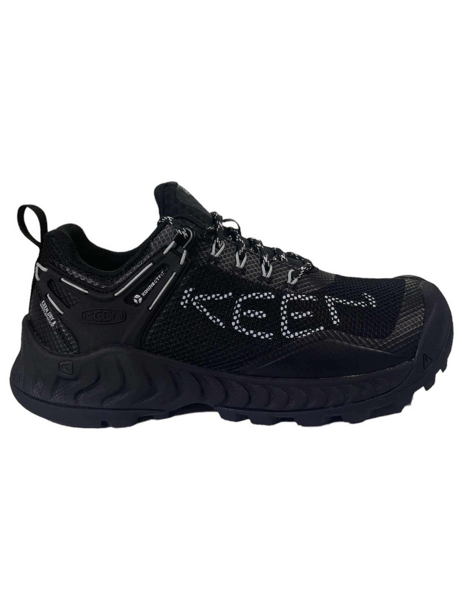 The KEEN Women’s NXIS Evo Waterproof Shoe is a black work shoe with reinforced toe, mesh panels, and rugged sole. With secure laces and the KEEN logo, it offers durable, breathable protection—perfect for tough trails and challenging conditions.