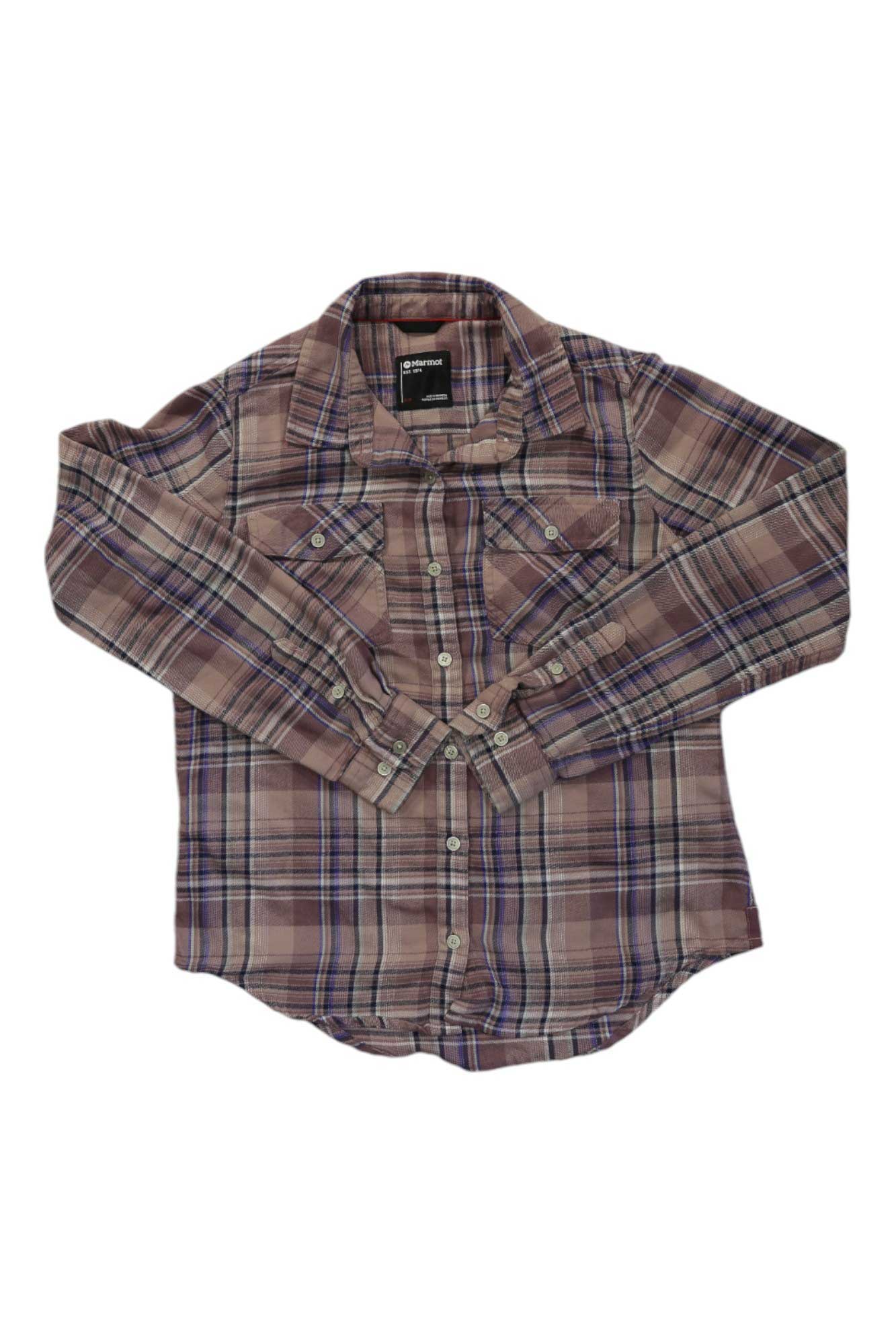 The Womens Bridget Midweight Flannel Long-Sleeve Shirt features brown, purple, and white plaid, two chest pockets, and white buttons, shown laid flat on a white background.