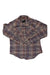 The Womens Bridget Midweight Flannel Long-Sleeve Shirt features brown, purple, and white plaid, two chest pockets, and white buttons, shown laid flat on a white background.