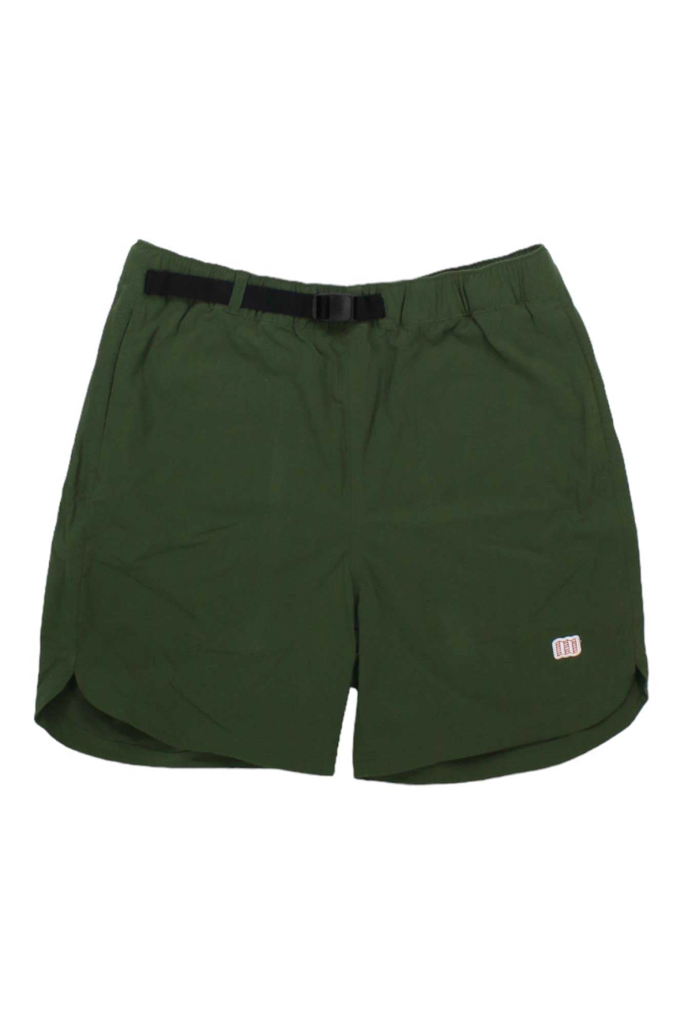 The Topo Designs Mens River 6 Inch Short features olive green quick-drying fabric, an elastic waistband with a black adjustable belt, and a small white and red logo patch—perfect for men's outdoor adventures.