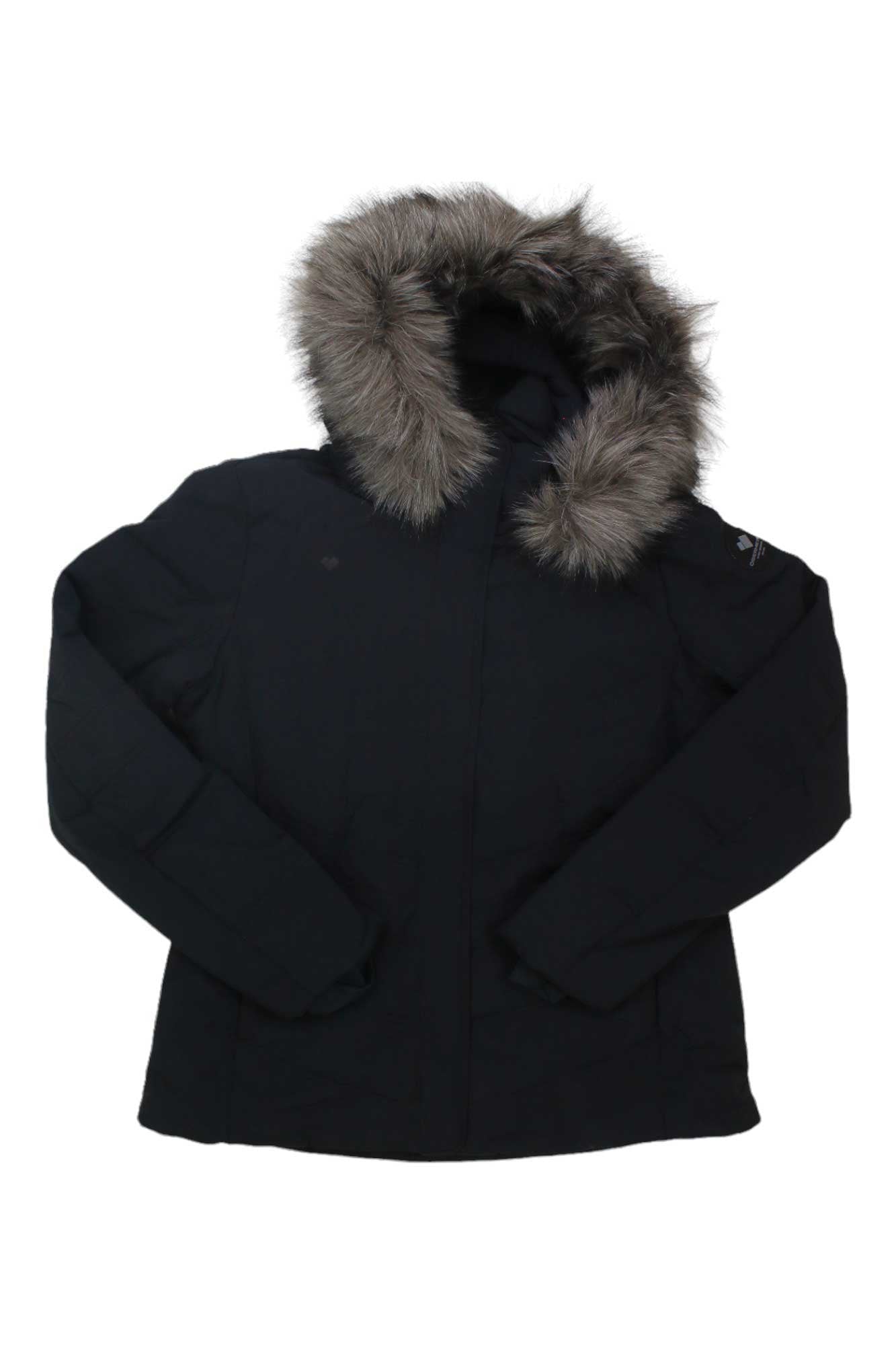 Women's insulated ski jacket, dark with gray faux-fur hood and full front zipper.