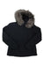 Women's insulated ski jacket, dark with gray faux-fur hood and full front zipper.