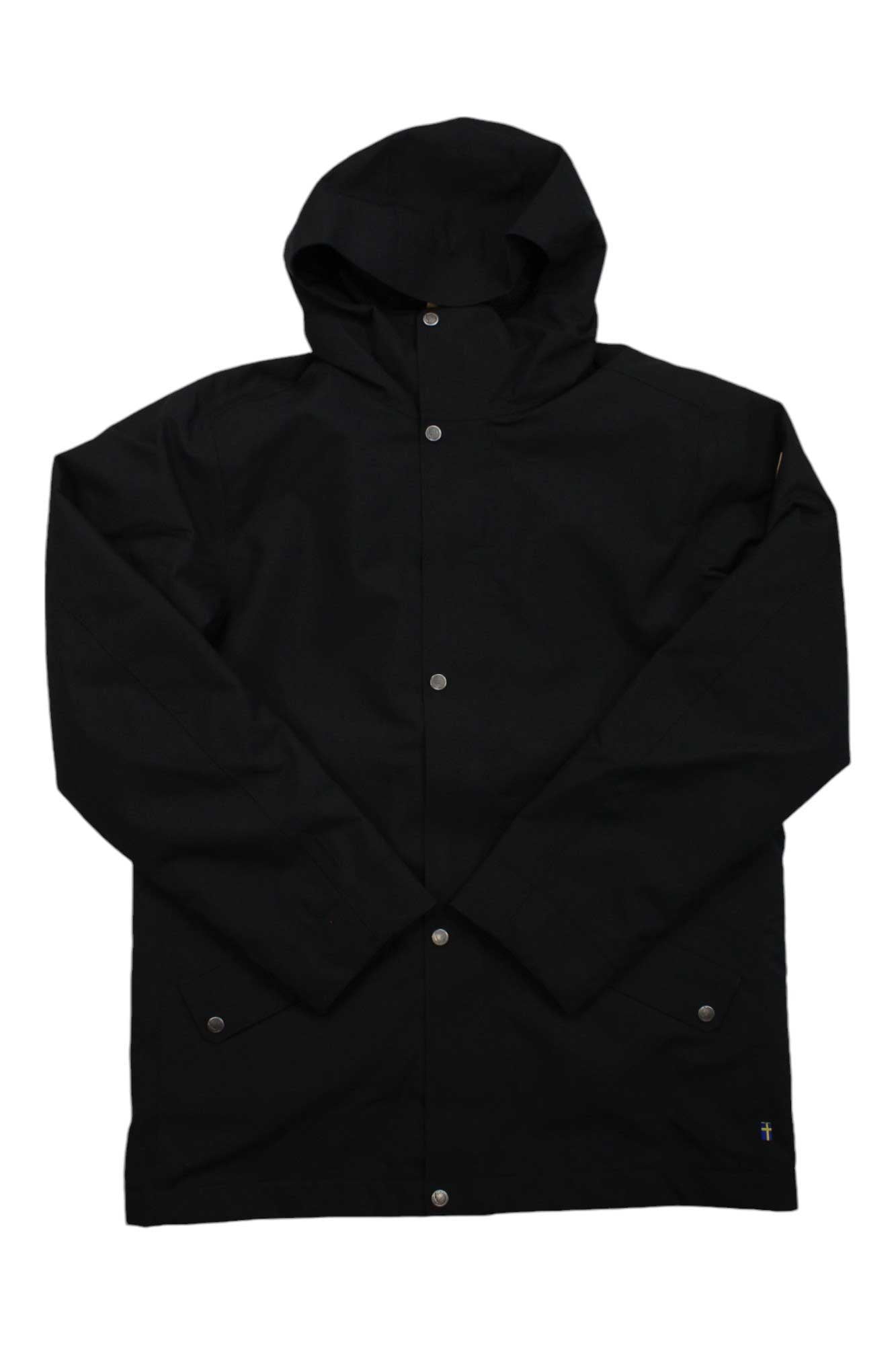 The Fjallraven Mens Visby 3 in 1 Jacket is a black, waterproof coat with long sleeves, front snap buttons, and two front pockets, crafted from recycled polyester and shown against a white background.