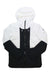 Hooded jacket with white upper and black lower paneling, full-length zipper front