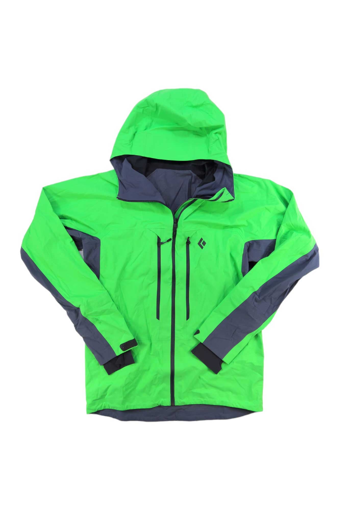 The Black Diamond Men's Dawn Patrol Hybrid Shell Jacket in bright green, with dark gray details on the inner hood, zippers, and sleeves, is shown flat on white. This ski jacket offers two zippered chest pockets and adjustable cuffs.