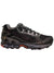 Men’s trail shoe with lace-up knit upper, black and orange accents, rugged rubber outsole