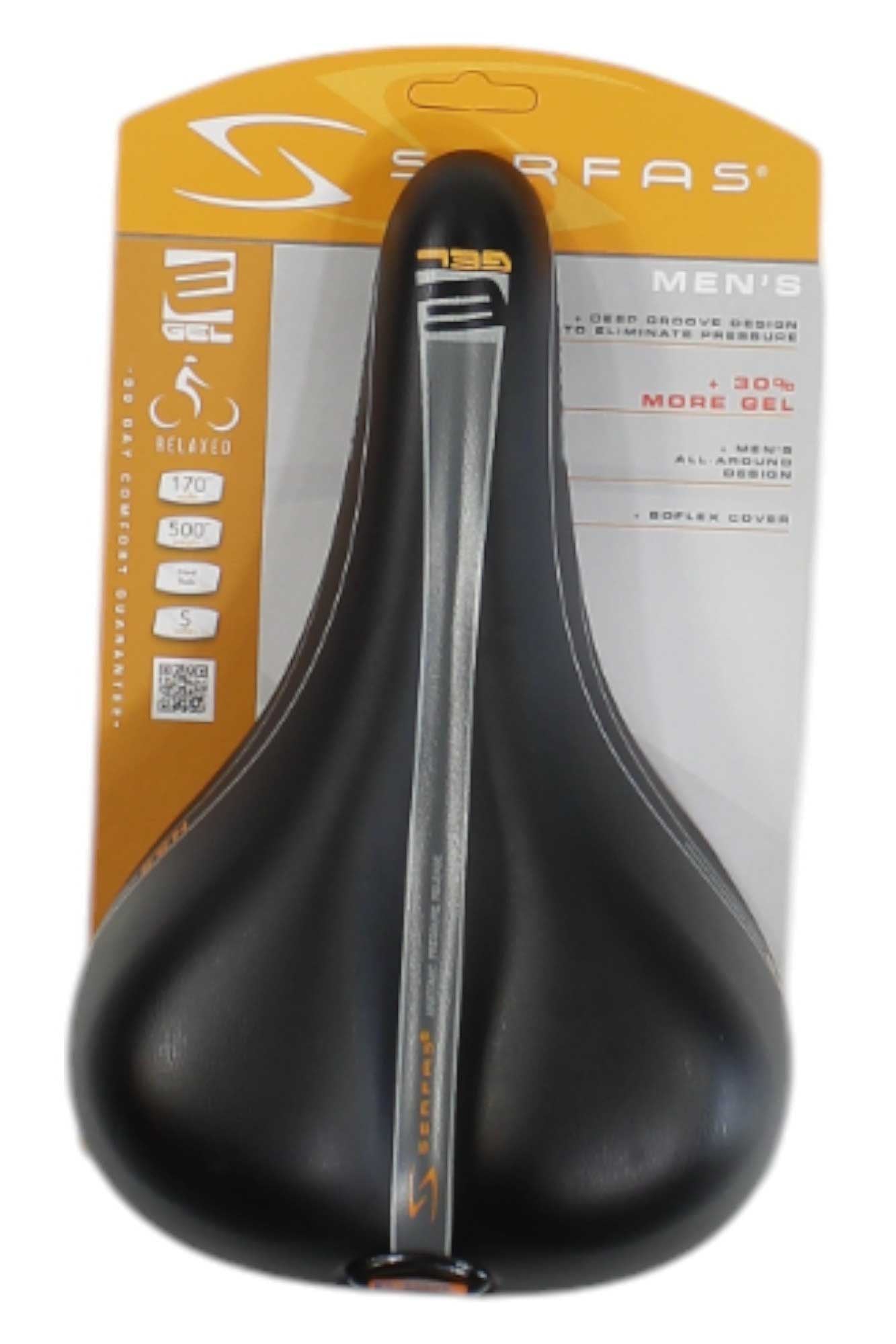 The Serfas Mens MSD-100 E-Gel Saddle bicycle seat, shown in retail packaging with branding and product details, features gray and orange accents and anatomically-contoured gel padding for enhanced cycling comfort and a relaxed ride.
