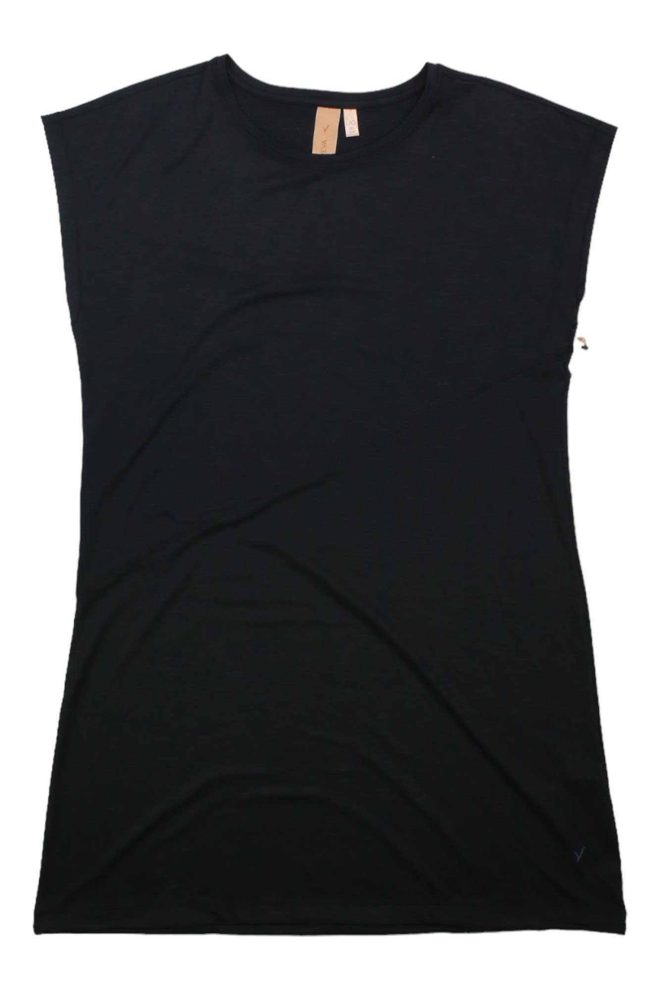 A plain black sleeveless t-shirt laid flat on a white background, perfect for layering under the Indyeva Womens Vivaz Dress or pairing with your favorite casual dress for added style and comfort.