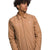 Men's quilted insulated jacket with front zipper, tan stand collar, and chest logo