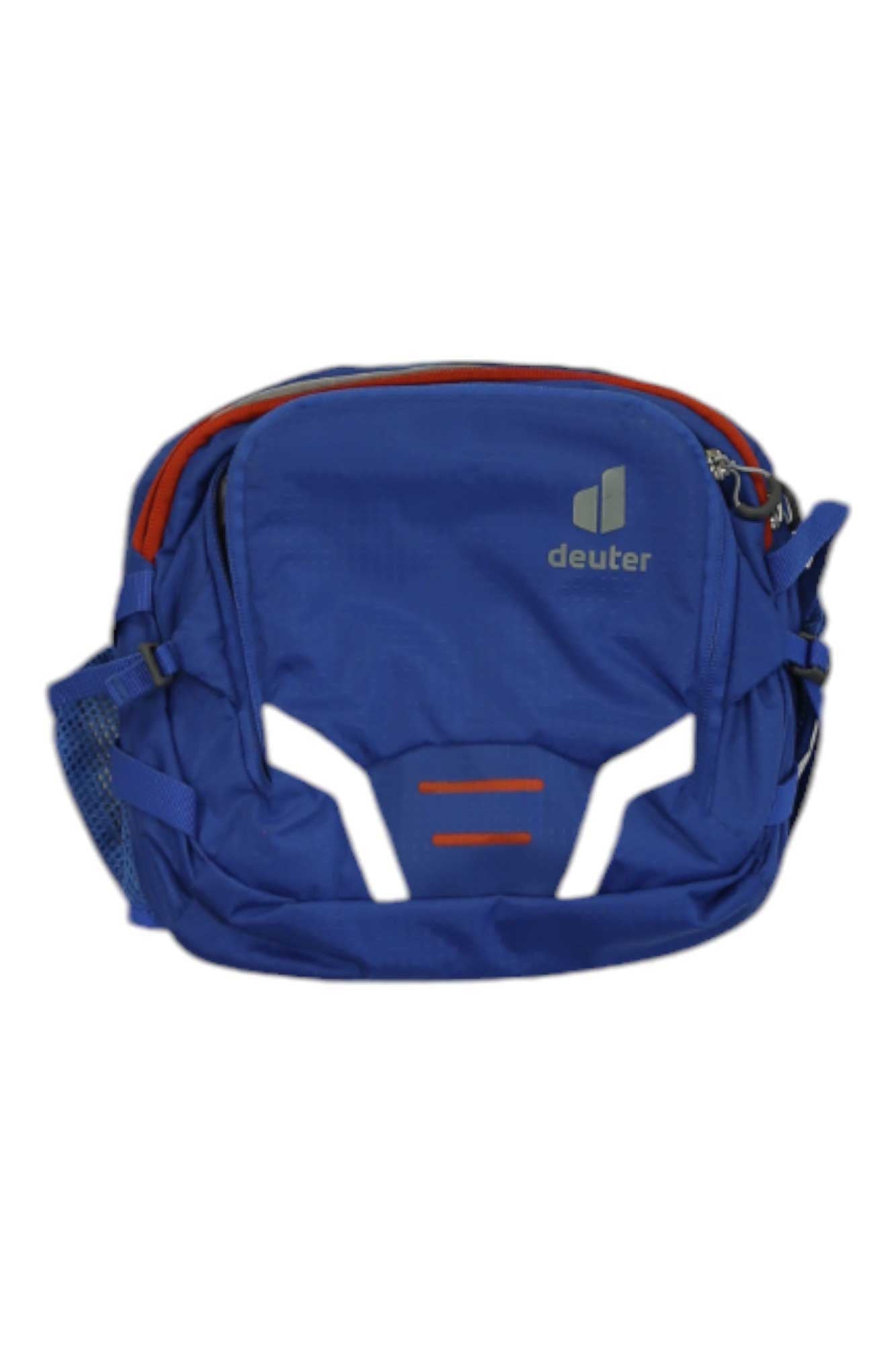 The Deuter Pulse 3 Lumbar Pack is a lightweight blue shoulder bag with white and orange accents, a mesh side pocket, and zipper closure. Ideal for running, it features the Deuter logo on the top right corner.
