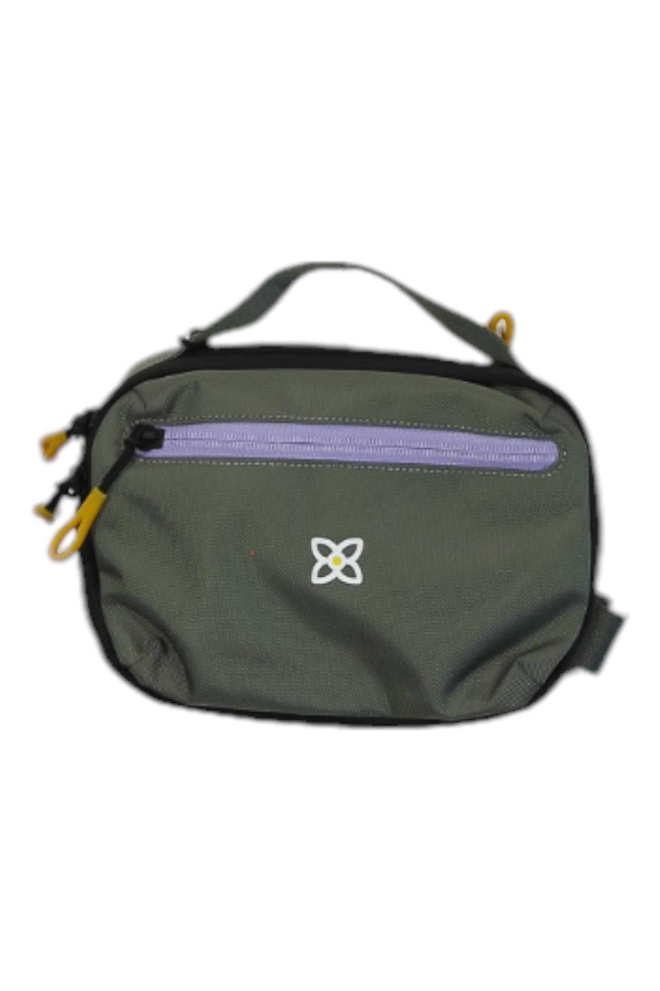 Womens Hyk hip pack, dark green with purple zipper pocket and logo