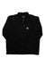 The Carhartt Mens Sherpa Lined Coat in black features a zip-up front, collar, and a small square Carhartt logo patch on the left chest. This washed duck coat is displayed flat on a white background.