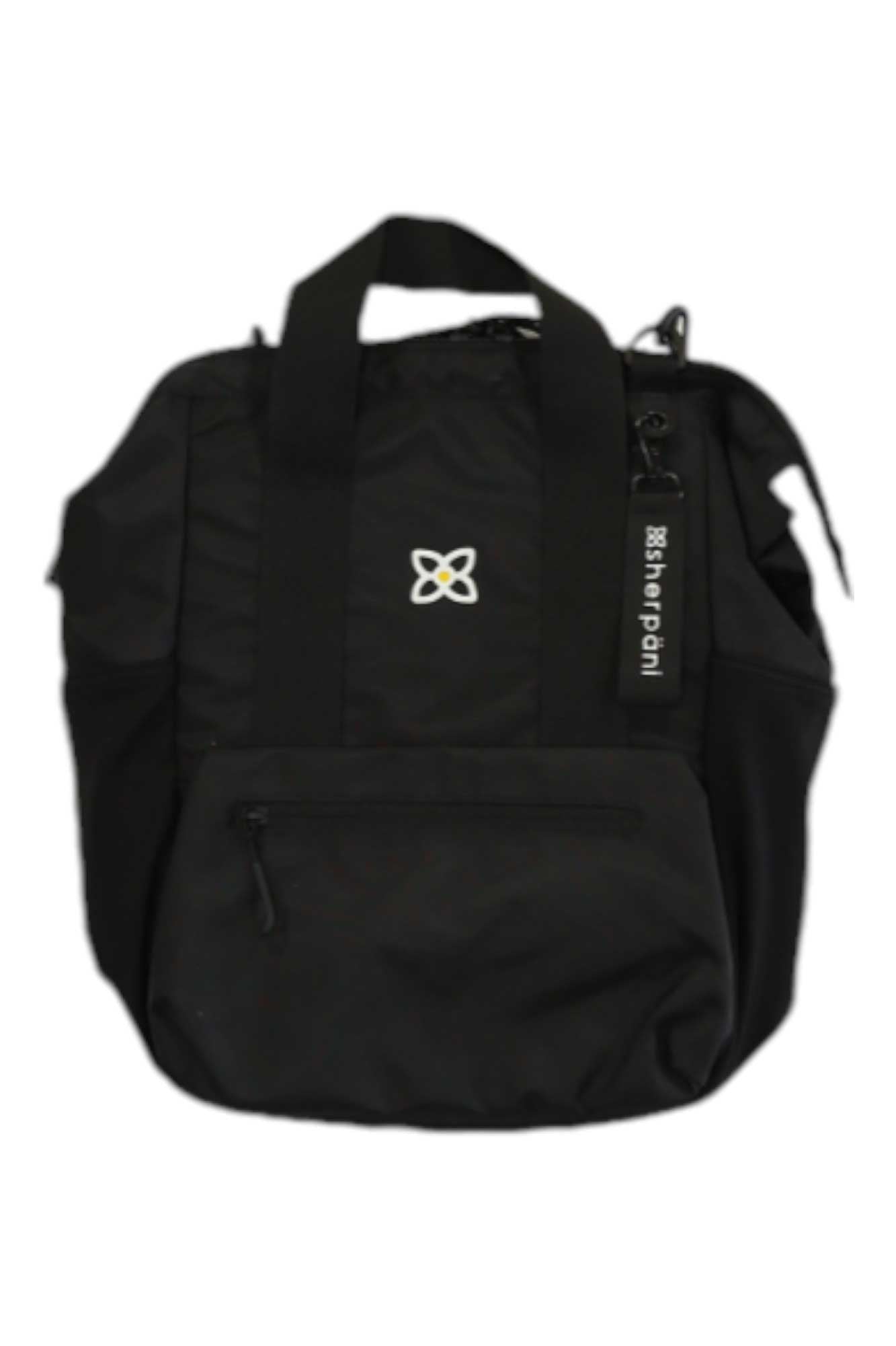 The Sherpani Womens Dispatch Bag is a black travel bag made from recycled materials, featuring a small white and yellow front logo, a front zipper pocket, dual top handles, and an “88ship Point” tag.