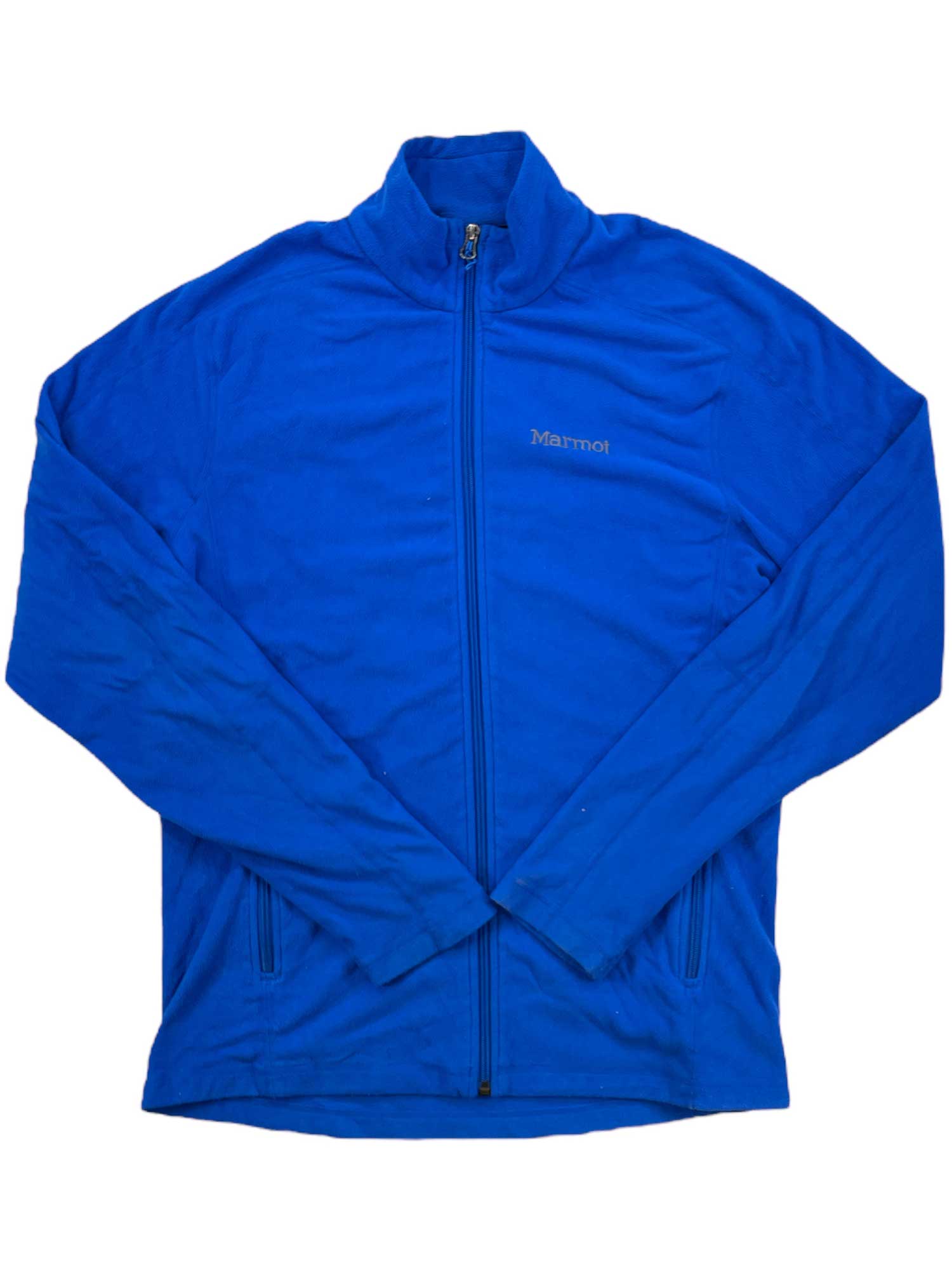 The Men's Rocklin Full Zip Jacket is a bright blue Marmot fleece with lightweight warmth, full front zipper, long sleeves, stand-up collar, zip hand pockets, and a subtle left-chest logo. The jacket is shown laid flat on a white background.