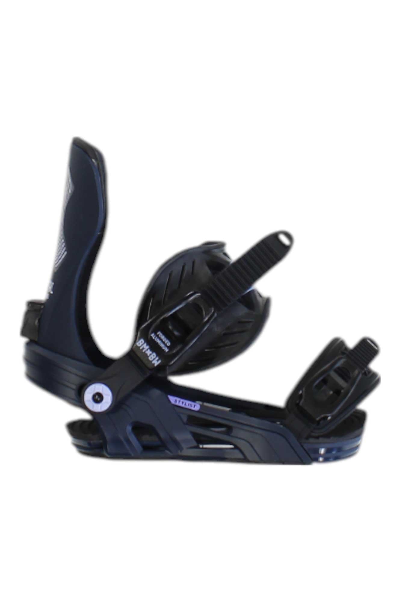 Dark blue snowboard binding with highback and toe and ankle straps