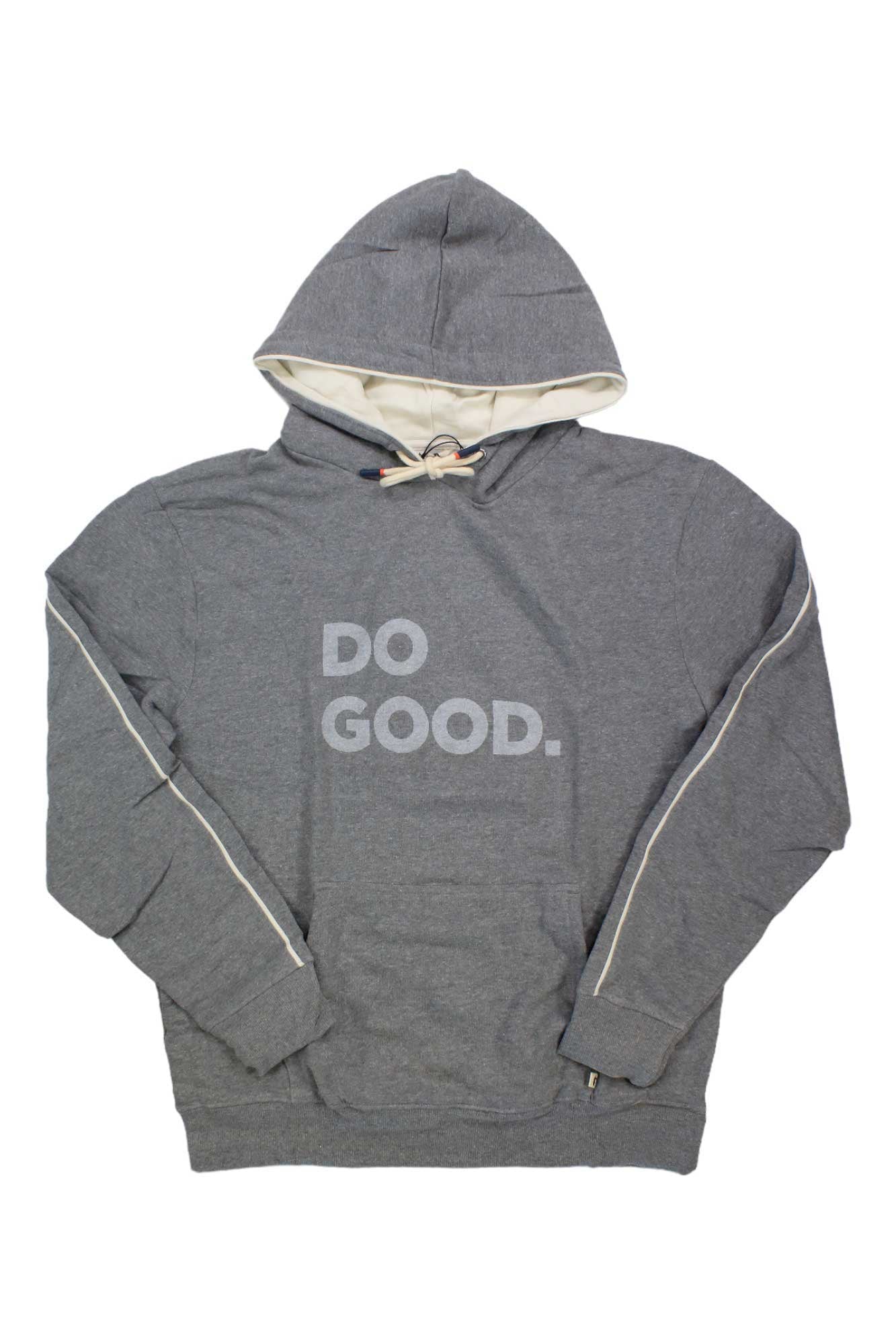 The Cotopaxi Mens Do Good Hoodie is a gray organic cotton hoodie with "DO GOOD." printed in large white letters, light-colored drawstrings, and a front pocket, shown laid flat on a white background.