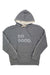 The Cotopaxi Mens Do Good Hoodie is a gray organic cotton hoodie with "DO GOOD." printed in large white letters, light-colored drawstrings, and a front pocket, shown laid flat on a white background.